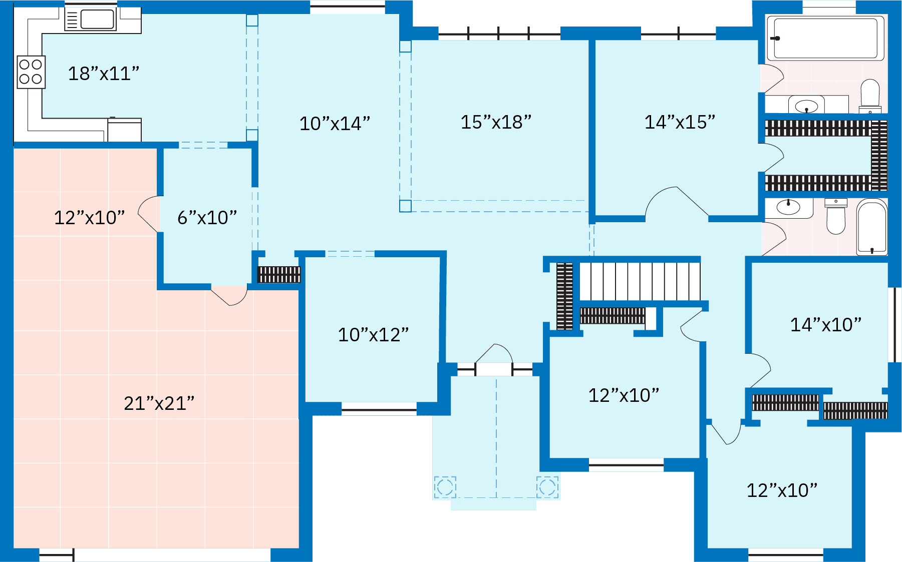 The floor plan of a 21st-century middle-class American home. The floor plan depicts a one-floor house with a kitchen, four bedrooms, two bathrooms, a family room, den, steps down to a basement, and an attached two car garage.