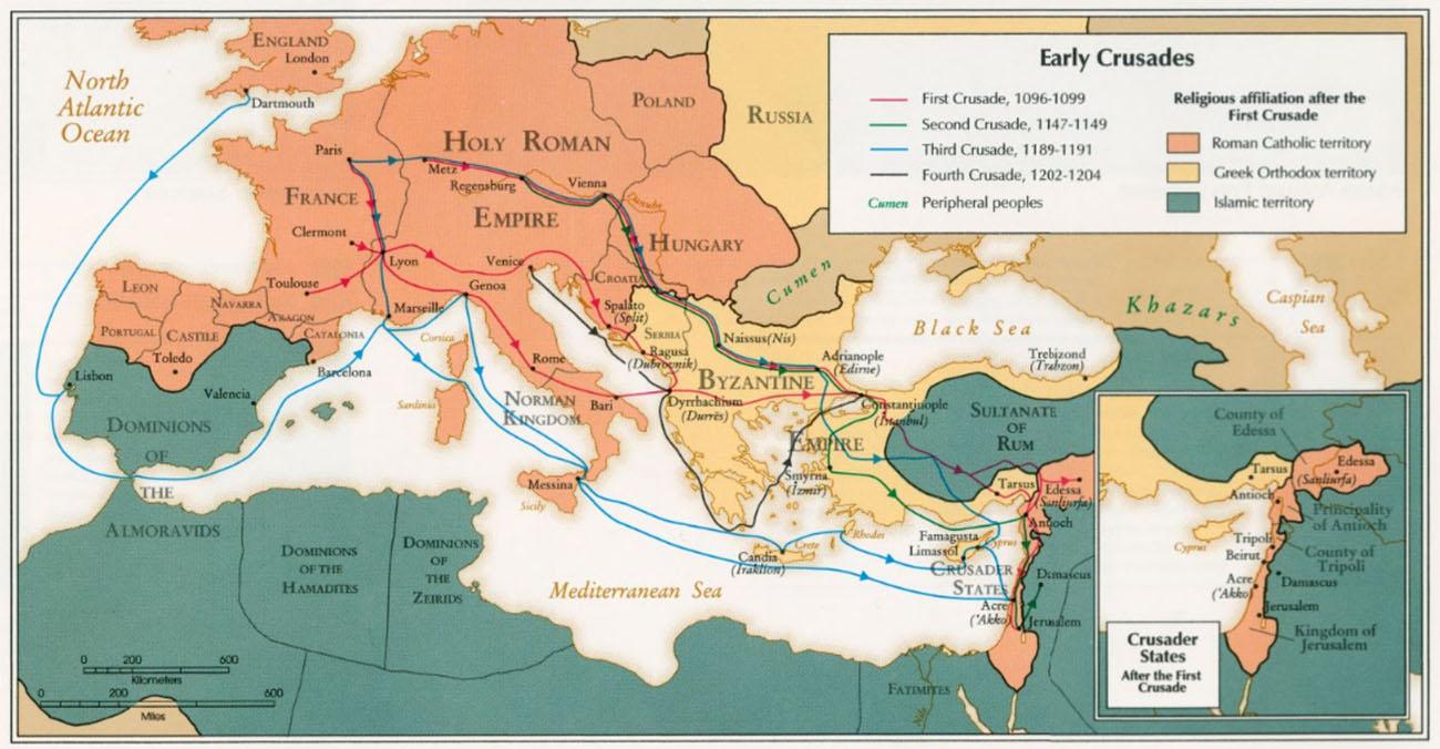 Two maps are shown. A small map in the right bottom corner is labelled “Crusader State After the First Crusade.” The map inside shows a white area at the west with a yellow island in the eastern end labelled “Cyprus.” More yellow land is north of the white area indicating “Greek Orthodox territory” with the city of Tarsus labelled. Along the eastern edge of the white part is a thin sliver of peach highlighted land indicating “Roman Catholic territory” labelled with the following areas, from north to south: County of Edessa with the city of Edessa (Sanliurfa) labelled, Principality of Antioch with the city of Antioch labelled, County of Tripoli with the city of Tripoli labelled, and the Kingdom of Jerusalem with the cities of Beirut, Acre (‘Akko), and Jerusalem labelled. The rest of the land is highlighted dark green and the city of Damascus is labelled southeast of Beirut. The second map is larger on the left and is titled “Early Crusades.” The map shows the North Atlantic Ocean labelled in the northwest, the Mediterranean Sea in the south, with the Black Sea and the Caspian Sea labelled in the east. The land drawn along the southern portion of the map, south of the Mediterranean Sea and heading to the southeast is highlighted dark green to indicate “Islamic territory.” A small area in the west is also highlighted Dark green. The areas within this green land are labelled: Dominions of the Almoravids (the cities of Lisbon and Valencia labelled within), Dominions of the Hamadites, Dominions of the Zeirids, Fatimites (with the Nile River labelled within), an unlabeled area (with Jerusalem and Damascus labelled within), and Sultanate of Rum lying south of the Black Sea. On the eastern side of the Mediterranean Sea a peach highlighted area is labelled “Crusader States” with the cities of Edesssa (Sanliurfa), Antioch, and Acre (‘Akko) labelled within. Northwest of the Mediterranean Sea all the land shown in highlighted peach as well. The following areas labelled from north to south: England (cities of London and Dartmouth labelled within), Holy Roman Empire (cities of Metz, Regensburg, Vienna, Lyon, Venice, Genoa, Marseille, and Rome labelled within), Poland, Hungary, Croatia (the city of Spalato (Split) labelled within), Norman Kingdom (with the cities of Bari and Messina Labelled), France (with the cities of Paris, Clermont and Toulouse labelled within), Navarra, Aragon, Catalonia (with the city of Barcelona labelled within), Leon, Portugal and Castille (with the city of Toledo labelled within). Land east of Poland and Hungary is highlighted yellow indicating “Greek Orthodox territory” and labelled Russia. Land south of Hungary is also highlighted yellow and labelled Byzantine Empire (with the cities of Bagusa (Dubrovnik), Naissus (Nis), Adrianople (Edirne), Dyrrhachium (Durres), Constantinople (Istanbul), Trebizond (Trabzon), Smyrna (Izmir), Tarsus, Candia (Iraklion), Famagusta, and Limassol. Two areas to the northeast and northwest of the Black Sea are labelled din green lettering indicating “Peripheral peoples.) These two areas are labelled Cumen and Khazars. Red arrowed lines run back on forth on the map from the Crusader States across the Sultanante of Rum, through the Byzantine Empire and into the Holy Roman Empire indicating the ”First Crusade, 1096-1099.” Green arrowed lines indicating “Second Crusade, 1147-1149” run on the map from the middle of the Hold Roman Empire southeast through the Byzantine Empire to the Crusader States. Blue arrowed lines indicating “Third Crusade, 1189-1191” run from England in the North Atlantic Ocean to the Mediterranean Sea, touching on the shores of the Holy Roman Empire and the Norman Kingdom and ending at the Crusader States. Blue arrowed lines run from Paris through the Holy Roman Empire, Byzantine Empire, Sultanante of Rum and end in Cyprus. Black lines indicating “Fourth Crusade, 1202-1204” begin in Venice and go along the shores on the Byzantine Empire in the Mediterranean Sea and north through the Byzantine Empire lands, ending at Constantinople.