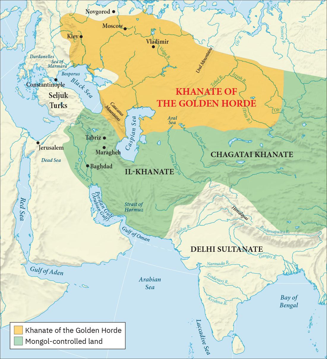 A map is shown, land highlighted in beige and water in blue. Wavy blue lines indicating rivers are shown throughout the map. In the northwest, the Black Sea, the Dardanelles, the Sea of Marmara, and the Bosporus are labelled. In the west, the Red Sea, the Dead Sea, the Persian Gulf (Arabian Gulf) the Gulf of Oman, and the Gulf of Aden are labelled. In the south, the Arabian Sea, the Laccadive Sea, and the Bay of Bengal are labelled. The Ural Mountains are labeled in the north and the Himalayas are labelled in the south, north of an area labelled the “Delhi Sultanate.” The Caucasus Mountains are labelled between the Caspian Sea and the Black Sea. A large area in the north of the map is highlighted yellow and labelled “Khanate of the Golden Horde.” In the northwest of this area, these cities are labelled: Kiev, Moscow, and Vladimir. Outside of this area in the north the city of Novgorod is labelled. A green highlighted area sits south of the orange area and to the east. The western side is labelled “Il-Khanate” and the eastern side is labelled “Chagatai Khanate.” In the west, these cities are labelled: Tabriz, Maragheh, and Baghdad. Southwest of the Black Sea an area is labelled “Seljuk Turks” and the city of Constantinople is labelled in the north of this area. The city of Jerusalem is labelled north of the Dead Sea.