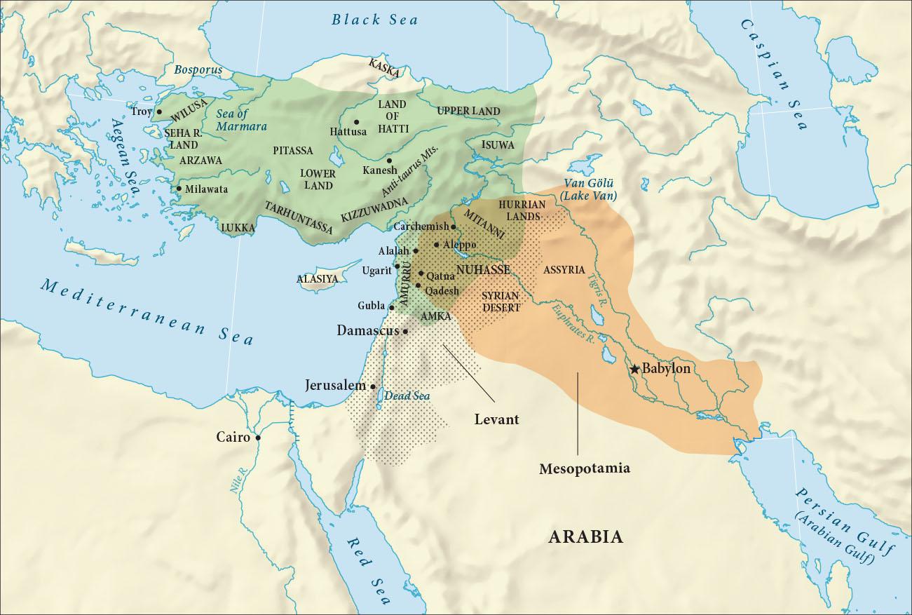 A map is shown of the Middle East and the northeast corner of Africa. The Black Sea, the Aegean Sea, the Mediterranean Sea, the Caspian Sea, the Red Sea, and the Persian Gulf (Arabian Gulf) are labeled. Most of the country of Turkey is highlighted green as well as most of Syria and Lebanon. Most of Iraq is highlighted orange and labeled “Mesopotamia.” The orange also overlaps part of the green in Syria and the southeastern edge of Turkey. The country of Israel is covered with black dots. The black dots overlap the green highlights in Syria and Lebanon as well as some of the orange in Syria and the southern portion of Turkey. The black dots are labeled “Levant.” Along the western coast of Turkey, the regions are labeled from north to south: Wilusa, Seha R. Land, and Arzawa. Along the Mediterranean coast of Turkey the regions are labeled Lukka, Tarhuntassa, and Kizzuwanda from west to east. In the middle of Turkey the regions are labeled Pitassa and Lower Land and in the east there are labels for Kaska, Land of Hatti, Upper Land and Isuwa. An island south of Turkey is labeled Alasiya. The areas where the green orange, and black dots overlap has labels for the regions of Hurrian Lands, Mitanni, Amurru, Nuhasse, Amka, and the Syrian Desert. In Saudi Arabia along the Tigris River is an area labeled Assyria. Cities labeled in Turkey from west to east include: Troy, Milawata, Hattusa, and Kanesh. In the Middle East the cities labeled include: Carchemish, Alalah, Aleppo, Ugarit, Qatna, Qadesh, Gubla, Damascus, Babylon, and Jerusalem. In Egypt the city of Cairo is labeled on the Nile River.