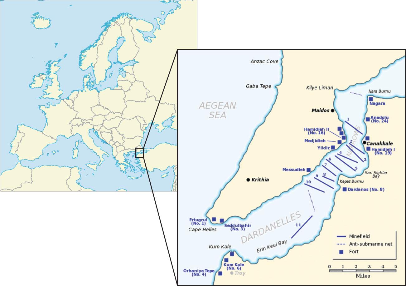 Two maps are shown. The map on the left shows Europe and bits of North Africa and West Asia. An area in Turkey is highlighted with a black square. The second map shows an enlarged drawing of that square section.  The Aegean Sea is labeled in the west and the Dardanelles Narrows is shown splitting two pieces of land, going from northeast to southwest. The northern end of the coast of Turkey on the Aegean Sea is labeled, from north to south, with Anzac Cove, Gaba Tepe, and Cape Helles. The cities of Maidos, Canakkale, Krithia, and Troy are labeled from north to south. In the Dardanelles Narrows blue straight lines going from shore to shore are drawn beginning at the city of Maidos in the north of the map, heading south toward the city of Canakkale, past the San Sighlar Bay and Kepez Burnu, and ending parallel with the city of Krithia, numbered from 1 to 10 indicating a “Minefield.” A blue line labeled “11” runs northeast to southwest in the Erin Keui Bay.  Between the blue “10” line and the blue “11” line a blue dotted line runs from north to south indicating “Anti-submarine net.” Another blue dotted line is shown at the north of the Dardanelles Narrows running shore to shore from Kilye Liman to Nara Burnu. Blue squares are shown along the coasts indicating “Forts.” These are, from north to south: Nagara, Anadolu (no. 24), Hamidieh II (No. 16), Medjidieh, Hamidieh I (No. 19), Yildiz, Messudieh, Dardanos (No. 8), Ertugrul (No. 1), Seddulbahir (No. 3), Kum Kale (No. 6), and Orhaniye Tepe (No. 4). Four blue squares are not labelled. A Scale for “Miles” is shown in the right bottom corner from 1 to 5.