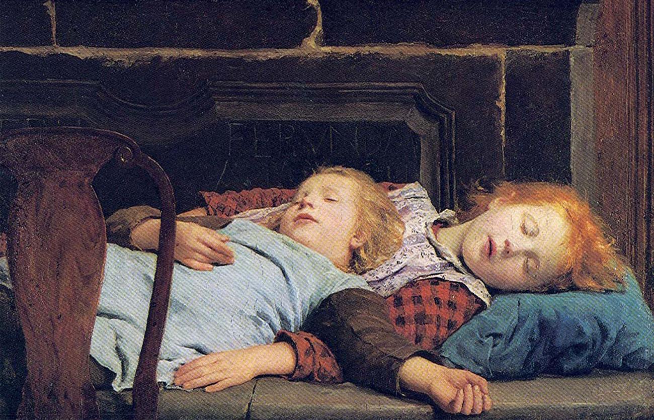 A painting shows two children sleeping.