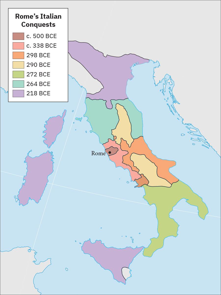 A map is shown with water highlighted blue and a boot shaped piece of land in the middle. The land to the north of the boot-shaped mass is highlighted all gray and a small section of land in the southwest corner of the map is highlighted gray as well. The map is labelled “Rome’s Italian Conquests.” An anvil-shaped area at the north of the boot and three islands to the west of the boot are highlighted purple indicating “218 BCE.” Below the purple area an “H” shaped area is highlighted bluish green indicating “264 BCE.” In the middle of the “H” shaped are as well as a bit south of are oval areas highlighted yellow indicating “290 BCE.” In between the two yellow areas is a “U”-shaped area highlighted orange indicating “298 BCE.” To the west is a long thin area highlighted pink indicating “c. 338 BCE.” In the middle of that is a very small area highlighted brown indicating “c. 500 BCE.” Inside the brown area the city of Rome is labelled with a black dot. At the bottom of the boot shaped area is a section highlighted green indicating “272 BCE.”.