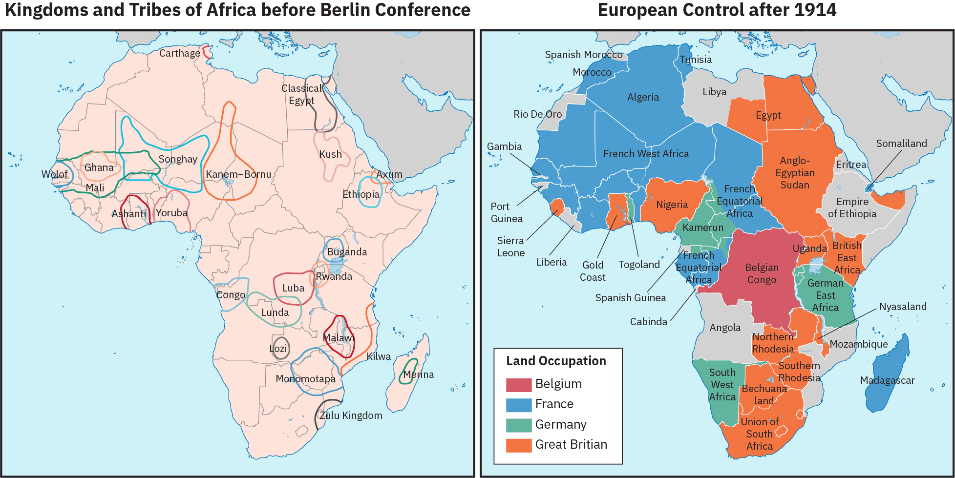 Two maps of Africa, side by the side. The map on the left is labelled “Kingdoms and Tribes of Africa before Berlin Conference.” Various territories are circled and labelled with the names of political entities such as Ashanti, Classical Egypt, Malaw, and Zulu Kingdom. These territories do not line up with contemporary state boundaries. The second map is labelled “European Control after 1914.” This map shows areas of land occupation by either Belgium, France, Germany or Great Britain, which do align with contemporary state boundaries.