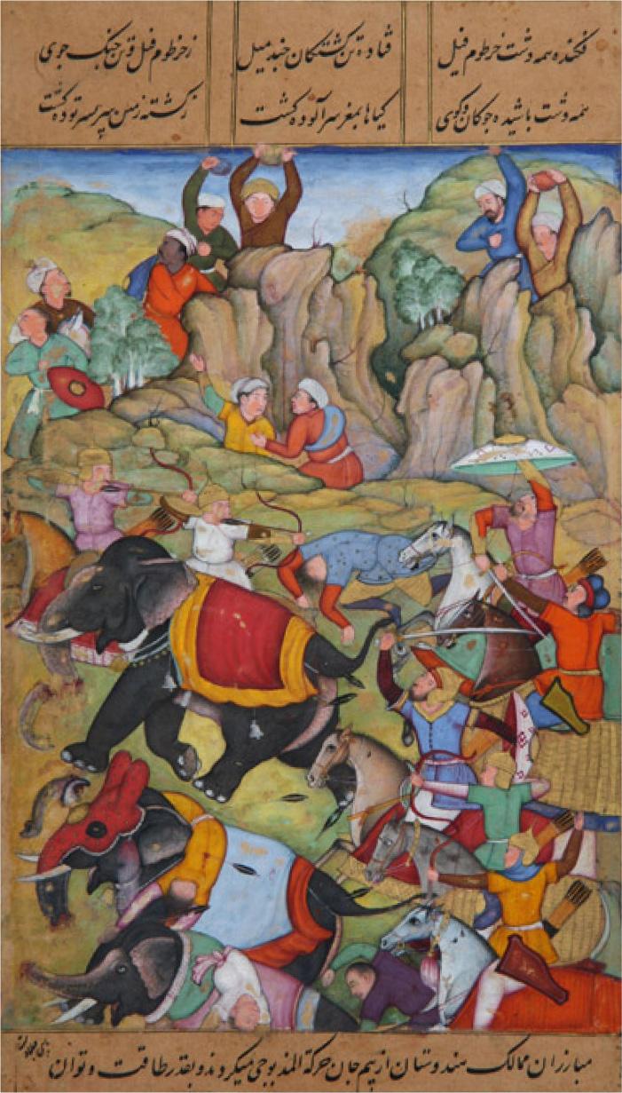 A tall colorful rectangle image is shown with a thin brown border. At the top and bottom, panels are shown with black scripted writing. The top of the image shows brown and yellow hills and mountains along a blue sky. In the hills, four figures in solid colored shirts and turbans are seen holding round objects in their hands above their heads. To the left of them are three other figures in solid clothing and turbans, holding shields. At the foot of the hills two figures in orange and yellow robes and white turbans fight with each other. In front of them are two soldiers in brown helmets aiming bows and arrows at a figure on a horse to their right. He wears a purple robe and holds a white and pale green shield over his head. In between the soldiers and the rider on the horse a figure in blue and red clothing lies on the ground. The bottom half of the image shows three large black elephants with white tusks highly decorated with saddles, the one in the middle wearing a red mask, running toward the left. The elephant at the bottom shows a figure in a white shirt and green pants hanging off of its saddle. Behind the elephants, four riders are riding on horses, two aiming arrows at the elephants while two wield swords in the air. They all wear colorful shirts and head coverings. One man in purple falls to the ground in front of the horse in the lower right of the image.