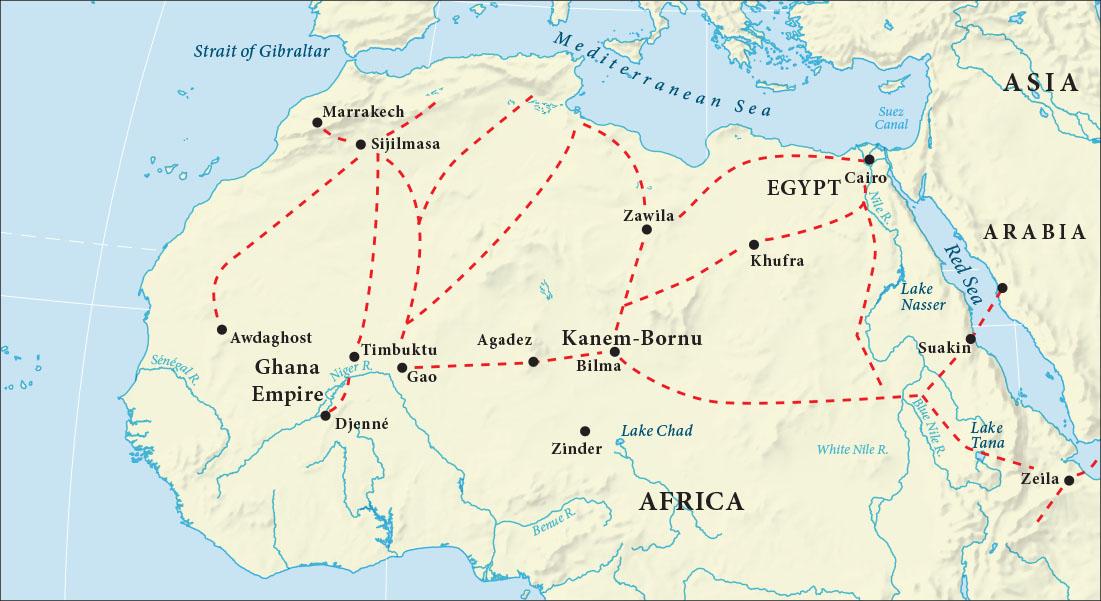 A map is shown with water highlighted blue and land highlighted beige. The Mediterranean Sea is located to the north, the Strait of Gibraltar is located in the northwest, and the Red Sea is labelled in the east. The Suez Canal is labelled in the eastern portion of the Mediterranean. The Nile R., the Blue Nile R., the White Nile R., Lake Tana, Lake Chad, the Niger R., the Senegal R., and the Benue R. are labelled in Africa. Asia is labelled in the northeast, Arabia is labelled in the east, and the large land mass shown in the south of the map is labelled Africa. A western area in Africa is labelled Ghana Empire and an area to the northeast is labelled Egypt. Red dashed lines crisscross Africa connecting the following cities, labelled with black dots, from west to east: Marrakech, Sijilmasa, Zawila, Cairo, Khufra, Awdaghost, Timbuktu, Gao, Agadez, Kanem-Bornu, Bilma, Suakin, Djenne, and Zeila. The city of Zinder is labelled south of Bilma. A black dot is shown northeast of the city of Suakin in Arabia and also connected with a red dashed line.