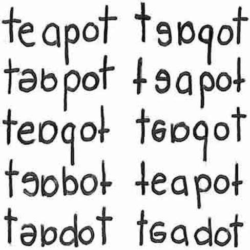 Two columns and five rows all containing the word “teapot” are shown. “Teapot” is written ten times with the letters jumbled, sometimes appearing backwards and upside down.