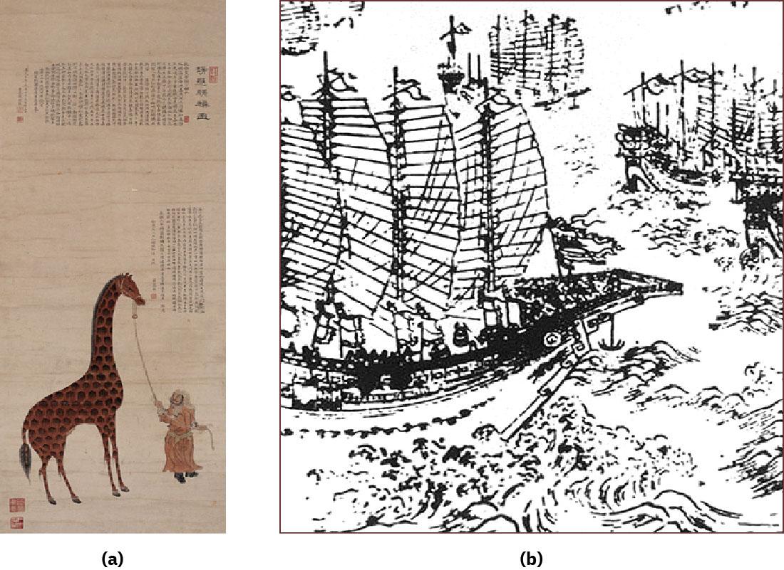 Painting (a) shows a man leading a giraffe with a rope tied around the giraffe’s head. Text appears above the giraffe. Woodblock print (b) shows four Chinese ships at sea.