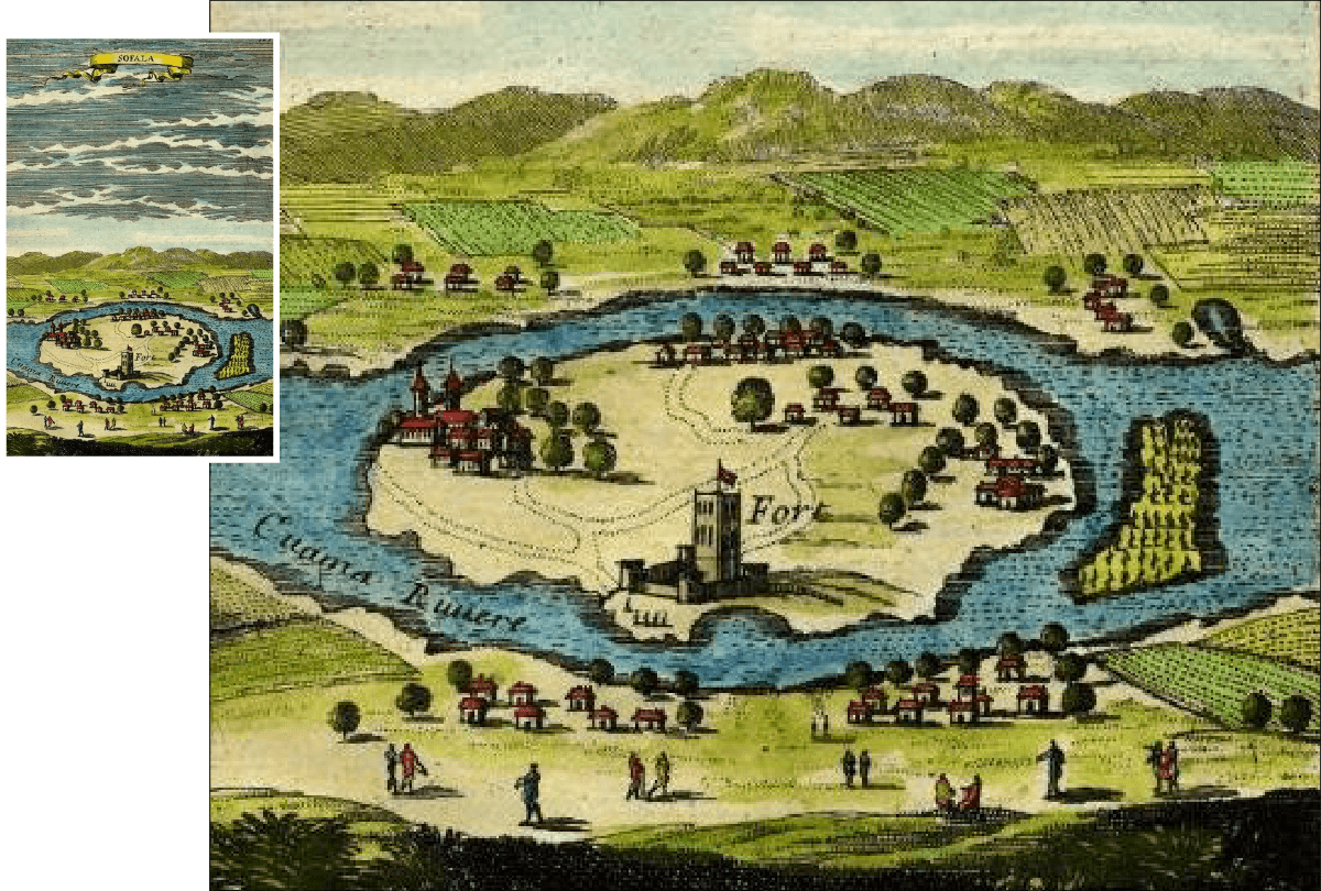 Two colorful drawings are shown. The image on the left shows an area of land surrounded by water, with other land around it. There is a sky with clouds above it. Houses, trees, and people are shown on the land. At the top of the image is a yellow sign that says,. ‘Sofala.” The image on the right is a larger view of the bottom of the first image. It shows the circle of land surrounded by water, showing trees, a fort, houses. On the land outside the water, there is shown farmland, trees, people, and mountains and a sky in the distance.