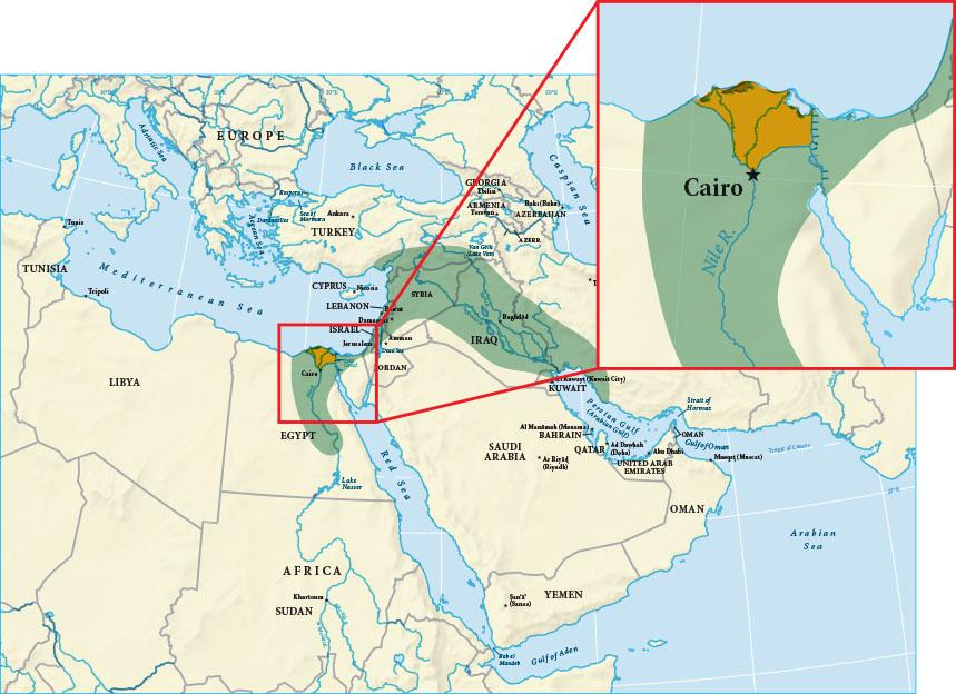 A picture of two maps is shown. The map on the left shows the northeastern portion of Africa, the southeastern portion of Europe, Turkey, Georgia, Armenia, Azerbaijan, Syria, Cyprus, Lebanon, Israel, Jordan, Iraq, Saudi Arabia, Kuwait, Bahrain, Qatar, the United Arab Emirates, and Oman. The Adriatic Sea, the Black Sea, the Caspian Sea, the Mediterranean Sea, the Red Sea, the Persian Gulf (Arabian Gulf), and the Arabian Sea are labelled. An upside-down U-shaped area is highlighted green from Egypt, northeast through the northwestern coast of Israel, through Lebanon, through most of Syria and into the southeastern portion of Turkey. Then it heads southeast through Iraq and into Iran, ending at the northern part of the Persian Gulf (Arabian Sea). Various cities are labelled throughout the map. An area in the northeast corner of Africa is encased in a red box and enlarged as a second map in the top right. This map shows the city of Cairo and the Nile River. Most of the area shown is highlighted green with an upside-down triangular-shaped portion highlighted orange starting at Cairo and heading north to the Mediterranean Sea.