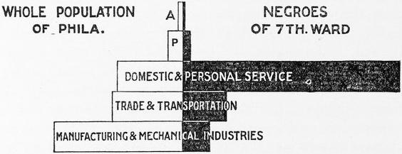 Hand-drawn bar graph showing that African Americans are disproportionately represented in Domestic and Personal Service and underrepresented in Manufacturing and Mechanical Industries.