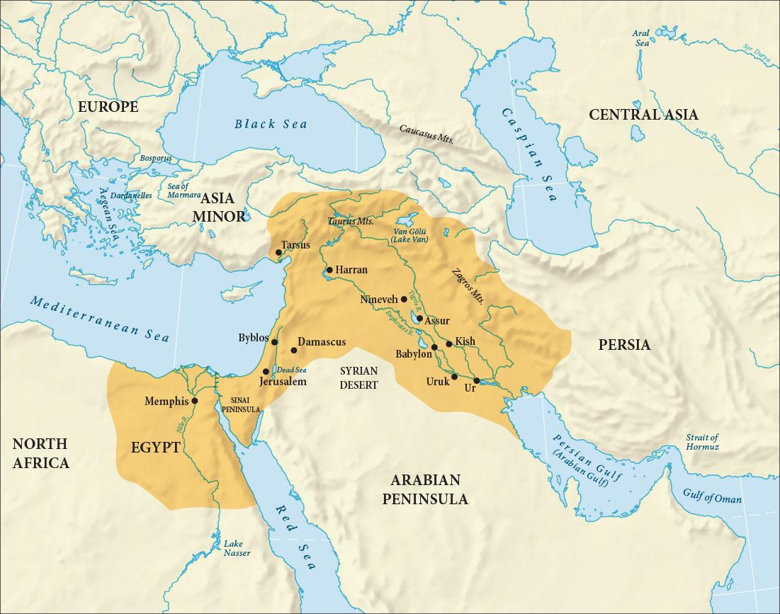 A map is shown. The areas shown include Europe in the northwest along with Asia Minor, Central Asia in the northeast, Persia in the east, North Africa in the southwest and the Arabian Peninsula in the south part of the map. The Black Sea, the Aegean Sea, the Mediterranean Sea, the Caspian Sea, the Red Sea, the Persian Gulf (Arabian Gulf), the Strait of Hormuz, and the Gulf of Oman are labeled. An area is highlighted orange that encompasses the eastern section of Turkey, all of Syria and Iraq, western Iran, all of Lebanon and Israel and most of Egypt. The cities labeled within that orange area include, from north to south, Tarsus, Harran, Nineveh, Assur, Kish, Byblos, Damascus, Babylon, Uruk, Ur, Jerusalem, and Memphis. The Taurus Mountains and the Zagros Mountains in the north of this orange area are labeled and the Sinai Peninsula in northeast Egypt is labeled. The Tigris and Euphrates Rivers are also labeled as is Van Golu (Lake Van), the Dead Sea, the Suez Canal, the Nile River and Lake Nasser.