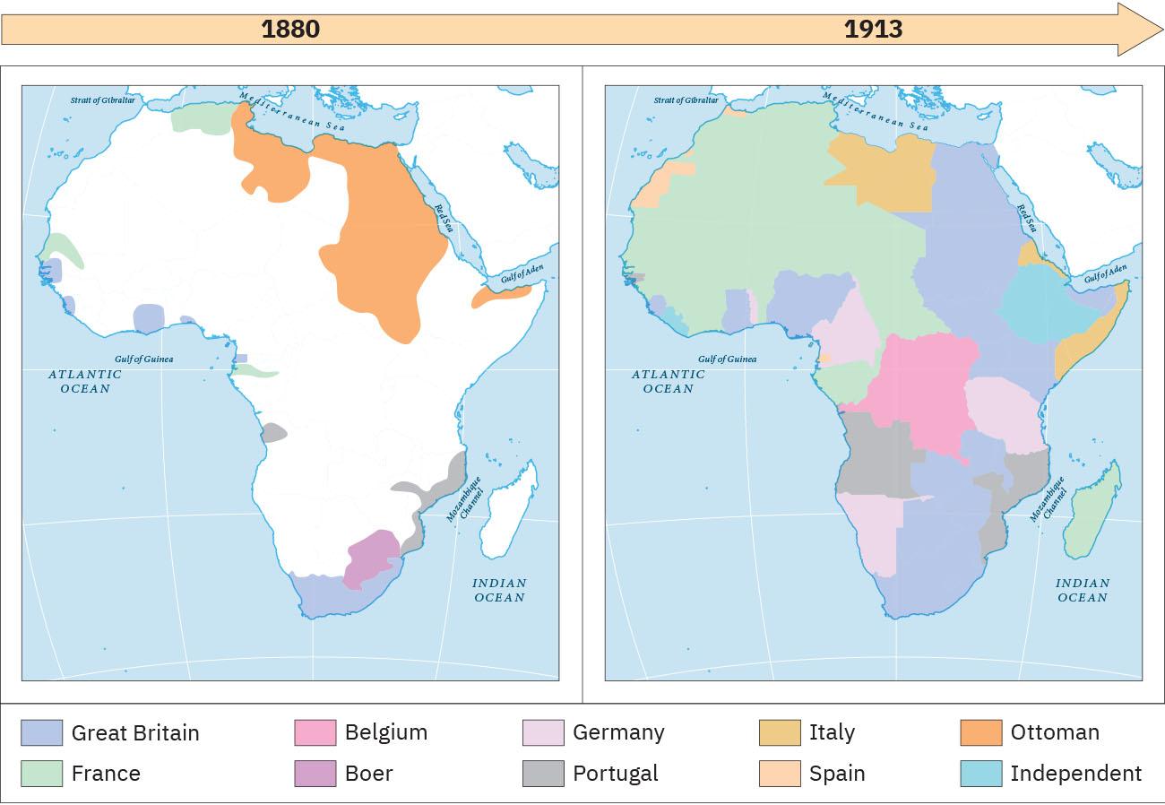 Two maps of Africa are shown. The map on the left is labeled “1880” and shows portions of the African coast highlighted with different colors. A small area on the northern coast and two small areas on the western coast are highlighted green indicating “France.” Two large areas in the north, extending inland, and a small area in the horn of Africa are highlighted orange indicating “Ottoman.” Four very small violet areas are highlighted in the west and one large area in the south indicate “Great Britain.” One very small gray area in the southwest and a long thin area in the southeast indicate “Portugal.” A purple-pink area is highlighted in the inland south and indicates “Boer.” The map on the right is labeled “1913” and shows all of African highlighted with different colors. A large area in the south, a large area in the northeast, and several areas in the west are highlighted violet throughout Africa to indicate control by “Great Britain.” Most of west Africa and the island of Madagascar are highlighted green indicating “France.” One large area in the middle of Africa is highlighted pink to indicate “Belgium.” Three areas are highlighted light pink in the southern half of Africa to indicate “Germany.” Two gray areas in the south, one on the west coast and one of the east coast, indicate “Portugal.” Three yellow highlighted areas in the northern portions of Africa and the horn of Africa indicate “Italy.” Three small areas in the northwest and one small portion on the west coast are highlighted beige indicating “Spain.” Two light blue areas in the northern portion of Africa, one on the west coast and one on the horn of Africa are highlighted light blue to indicate “independent.”