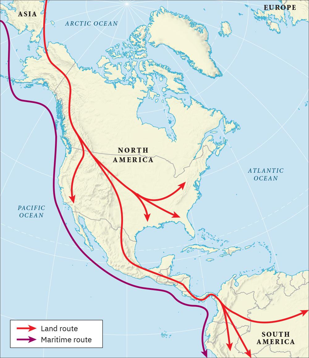 A map of North and South America is shown, with the North Pole at the top. The Pacific Ocean is labeled in the west, the Atlantic Ocean in the east, and the Arctic Ocean in the north. A red arrow indicating “Land route” begins in Asia at the top left and heads south through North America along the western coast. In the middle of North America the line splits off in three directions. One line heads along the western portion of North America stopping along the coast before the middle of the two continents. The second one heads into South America where it splits off in three directions – east, southeast, and south. The third line heads southeast in North America and splits off in three directions – northeast, southeast, and south. A purple arrow indicating “Maritime route” is shown beginning in Asia in the water in the top left corner of the map and heading south along the western coast of North America in the Pacific Ocean and then along the coast of South America.