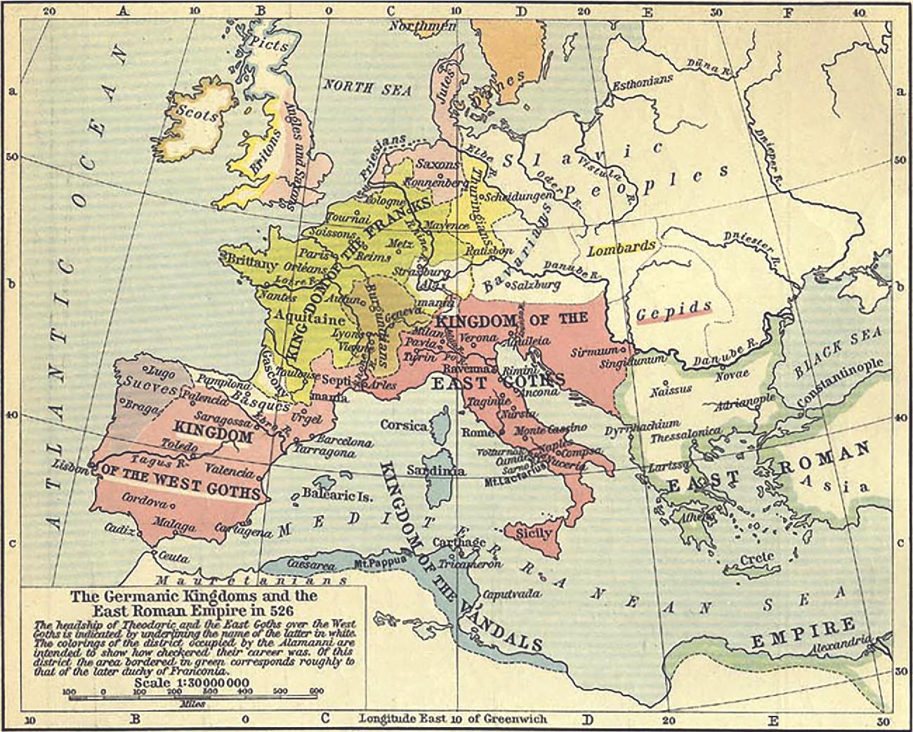 A historical map of Europe is shown with longitude and latitude lines running throughout. It is labeled “The Germanic Kingdoms and the East Roman Empire in 526.” A scale is shown under a paragraph written about the map under the title. The map shows Europe, the northern area of Africa, the North Sea, the Atlantic Ocean, the Mediterranean Sea, and the Black Sea. Ireland is outlined with light brown and labeled “Scots.” The northern half of the United Kingdom is outlined in light blue and labeled “Picts.” The southern western half of the United Kingdom is outlined in bright yellow and labeled “Britons” while the eastern half is highlighted pink and labeled “Angles and Saxons.” Denmark and the northern portion of Germany are highlighted pink as well and labeled with “Jutes” and Saxons” respectively. The rest of Germany, the Netherlands, Belgium, and France are highlighted yellow and labeled “Kingdom of the Franks.” A rounded “T” shaped area below that is highlighted dark yellow and labeled “Burgundians.” Portugal is highlighted pale brown and labeled “Sueves.” Spain and southern France are highlighted pale orange and labeled “Kingdom of the West Goths.” A slice of northern Spain is highlighted a cream color and labeled “Basques.” Italy, Sicily, and a large area to the east of Italy are also highlighted pale orange and labeled “Kingdom of the East Goths.” A thin area of northern Africa is highlighted pale blue and labeled “Kingdom of the Vandals.” Greece, Turkey, and a thin area of northeastern Africa are outlined in pale green and labeled “East Roman Empire.” The eastern area of Europe that is left is labeled “Slavic Peoples” with one area in southern Poland labeled “Lombards” with the word highlighted yellow and south of that in the Ukraine an area labeled “Gepids” with the word underlined in pale pink. Many cities and rivers are labeled throughout the map.