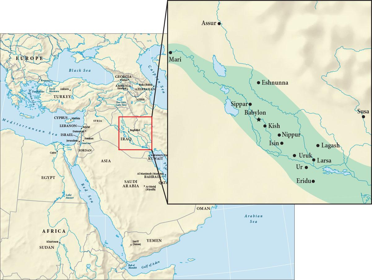 Two maps are shown. The map on the left shows the northeastern tip of Africa, the Middle East, and the southeast corner of Europe. The Black Sea, the Mediterranean Sea, the Caspian Sea, the Red Sea, the Bab el Mandab Strait, the Arabian Sea and the top of the Persian Sea are labeled. These countries are labeled: Tukey, Georgia, Armenia, Azerbaijan, Cyprus, Syria, Lebanon, Israel Iraq, Kuwait, Israel, Jordan, Saudi Arabia, Yemen, Oman, Bahrain, Qatar, Egypt, and Sudan. The capital city of each country is shown as well. A square section of this map in Iraq and the western part of Iran is highlighted with a red box and shown enlarged as a second map. The second map shows an area running from left to right on an angle that is highlighted green. The following cities, from north to south, are labeled in this green region: Mari, Eshnunna, Sippar, Babylon, Kish, Nippur, Isin, Lagash, Uruk, Larsa, Ur, and Eridu. The city of Assur in the northwest corner of the map and the city of Susa in the western area of the map are labeled outside of the green area.