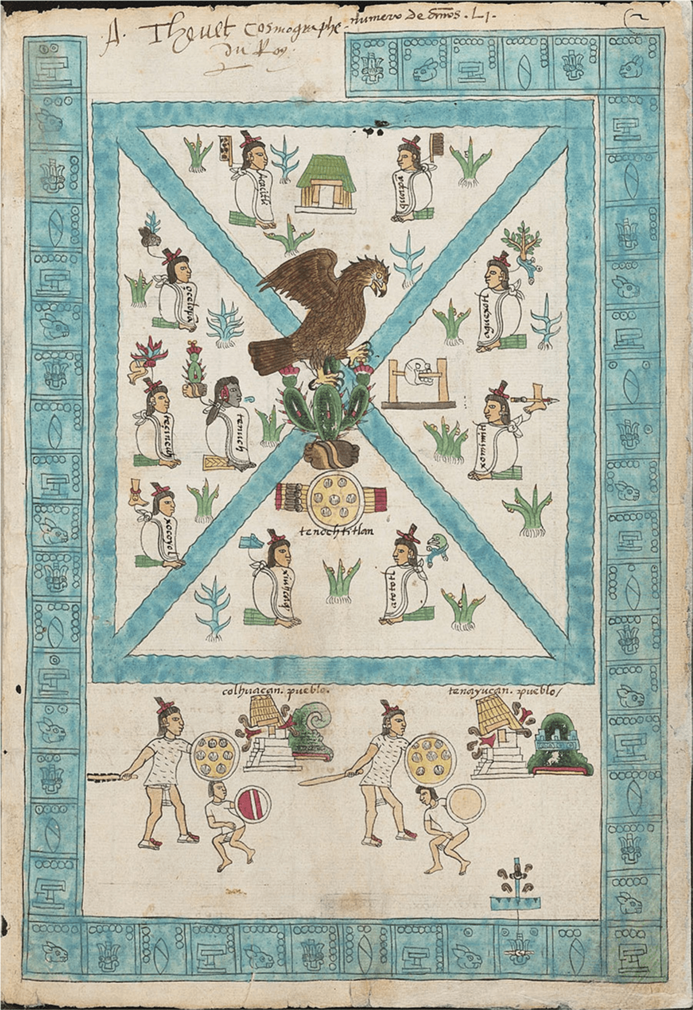 A picture of a drawing is shown on beige colored parchment. A blue border made out of squares outlines the images within, except for the top left half, which shows some cursive writing in the beige spot. The squares are decorated with small circles and various images of animals and shapes. Inside the border, the top two thirds show a blue rectangle with a thick wavy border and a blue wavy “X” in the middle, creating four triangles. In the middle of the “X” a brown bird is seen with a black and yellow beak sitting atop a green three-pronged cactus in a brown pot with pink and white spikes all over and green, white, and pink flowers on top. In all four triangle sections of the rectangle figures are shown with white cloths tied behind their necks, sitting on a green striped pedestal, with long brown hair, and red and brown hats. All have objects tied to them by a thin black string and words written in black on their clothing. One lone figure in the left section is dark skinned and has no hat and sits on a gold decorated pedestal. The top portion has two figures sitting on either side of a green topped beige and white hut. Two blue and three green plants are seen and both figures have brown brushes ties to the back of their necks. In the left area, four figures are shown with three green plants and one blue plant. The items tied to them are an animal head, a body with a cactus head, a cactus, and a foot. The bottom triangle shows two figures, and two green plants and one blue plant. The items tied to the figures include shoes and a dolphin. There is also a round object shown with seven white circles shown inside and red, yellow, and brown strips on the sides. The triangle on the right shows two figures and three green plants and one blue plant. The items tied to the figures include a foot with an arrow through it and a plant. A skeleton head is also shown with a pole poked through it displayed on two poles and a platform. Below the “X” image, two nearly identical images are shown. A figure in a short shirt with black marks all over and wearing a small loincloth and red and white shoes stands holding a sword and a shield decorated with circles. Below them stands another smaller figure with a white short sleeved shirt and small loincloth with no shoes and holding a circle shield. To the right of both of these images is a white tiered building with stairs leading to a yellow tiered top with lines. Red marks and brown hook-like object are shown below the yellow portion. To its right a green object stands on a red bottom. Toward the bottom right is a blue upside down “T” object with brown hook-like items all over.