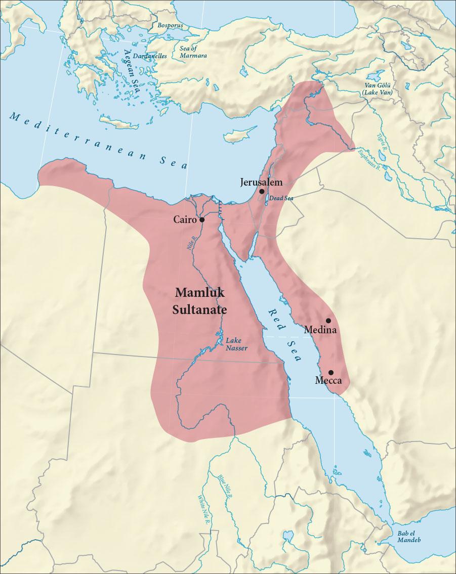 A map is shown with land highlighted beige with blue and gray lines crisscrossing the land throughout the map while water is highlighted blue. In the northwest of the map, the Bosporus, the Sea of Marmara, the Dardanelles, the Aegean Sea, and the Mediterranean Sea are labelled. In the northeast, the Van Golu (Lake Van), the Tigris R., the Euphrates R., and the Dead Sea are labelled. In the southern half of the map, the Dead Sea, the Nile R., the Red Sea, Lake Nasser, the Blue Nile R., the White Nile R., and the Bab el Mandeb are labelled. In the middle of the map, an “X” shaped area is highlighted pink and labelled “Mamluk Sultanate.” The cities of Jerusalem, Cairo, Medina and Mecca are labelled within this area from north to south.