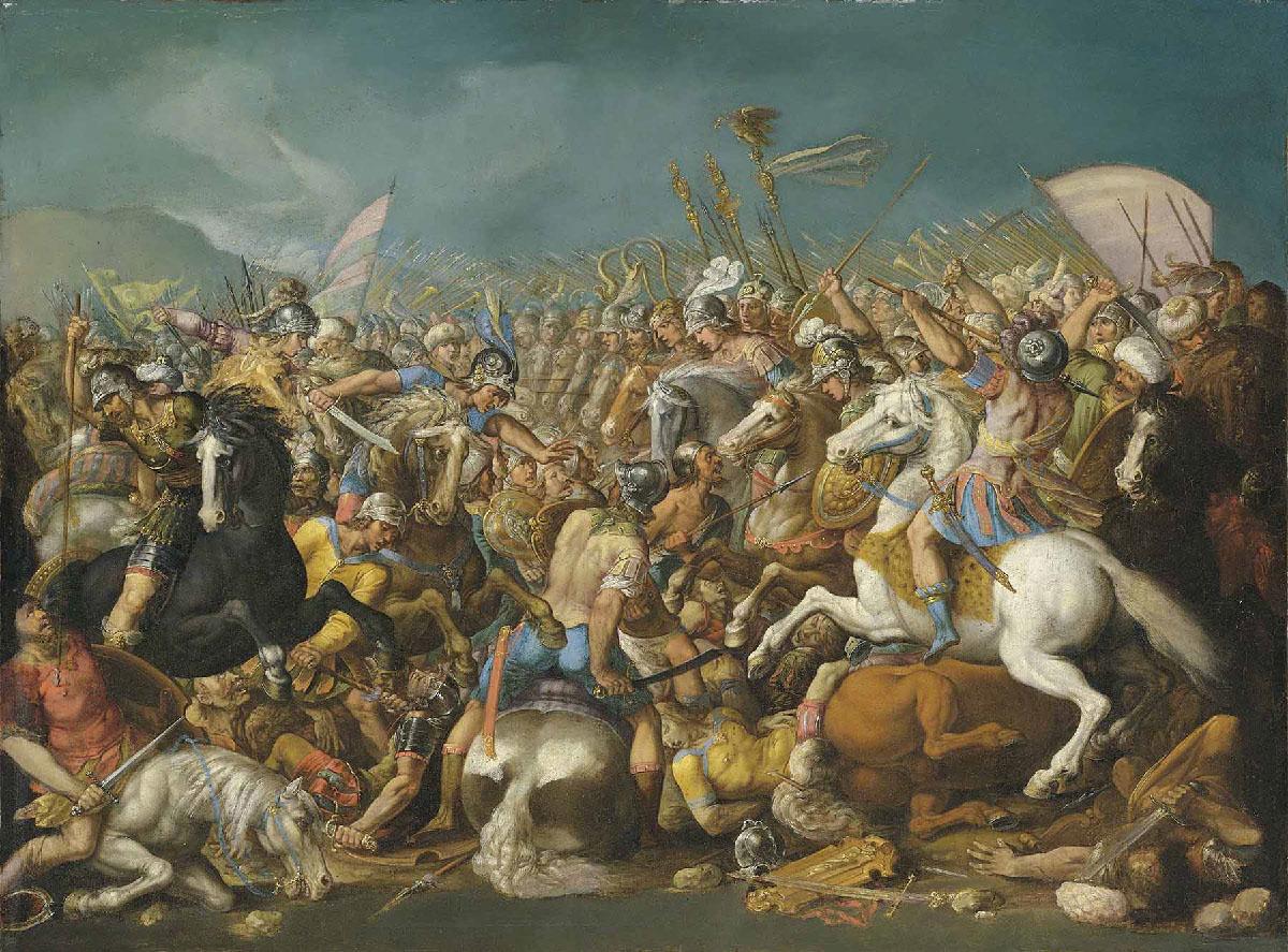 An image of a painting is shown. This richly painted image shows a battle being waged with a very large group of warriors against the backdrop of a blue-gray swirly sky. In the back of the image one group on the right is heading to the left and the group on the left is heading toward the right. Two rows of soldiers on horseback are seen with intricately detailed helmets heading toward each other. Tall long pointy spears can be seen in neat rows on both sides as well as long golden bugles. In the forefront if the image individuals can be seen fighting with each other. At the left a soldier in gold and silver armor on a black horse with no saddle or reins plunges a long thin spear into the check of a solider wearing a red shirtdress below him on a white horse. To the tight a figure in yellow with a small silver helmet plunges a stick into the neck of a man on the ground in a helmet and red and blue clothing grasping the stick. Two soldiers in blue and beige shirts with silver helmets are seen on brown horses with swords to the right. In the middle bottom a figure in yellow lays on the ground with other figures laying on the ground behind them. To the right a soldier in blue and red on a white horse aims a pointed stick at a figure in a green shirt and white turban holding a brown shield.