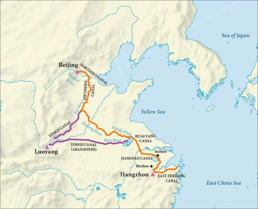 A map is shown with land in the western portion highlighted beige and water in the eastern section highlighted blue. The Sea of Japan is labelled in the northeast, the Yellow Sea is labelled in the east, and the East China Sea is labeled in the southeast. The city of Beijing is labelled in the north, the city of Luoyang is labelled in the southwest and the city of Hangzhou is labelled in the south. All are labelled with pink triangles. The cities of Suzhou and Huzhou are labelled with black dots by the East China Sea. South of Beijing, the Tanghul River is labelled, the Wei River is labelled south of that, and the Hunong River, the Middle River, and the Bian River are labelled east of the city of Luoyang. A thick orange line begins at the city of Beijing and heats east, then south along the Wei River, where it is labelled “Northern Canal.” It continues southeast along the Hunong and Middle Rivers where it is labelled the Huai-Yang Canal. It continues southeast toward the city of Suzhou where it is labelled the “Jiangnan Canal.” Then it heads east toward the East China Sea where it is labelled the “East Zhejiang Canal.” A thick purple line runs from the city of Luoyang northeast and meets up with the Southern Canal. Another thick purple line also starts at Luoyang and heads east along the Bian River and stops right before the Hui-Yang Canal.