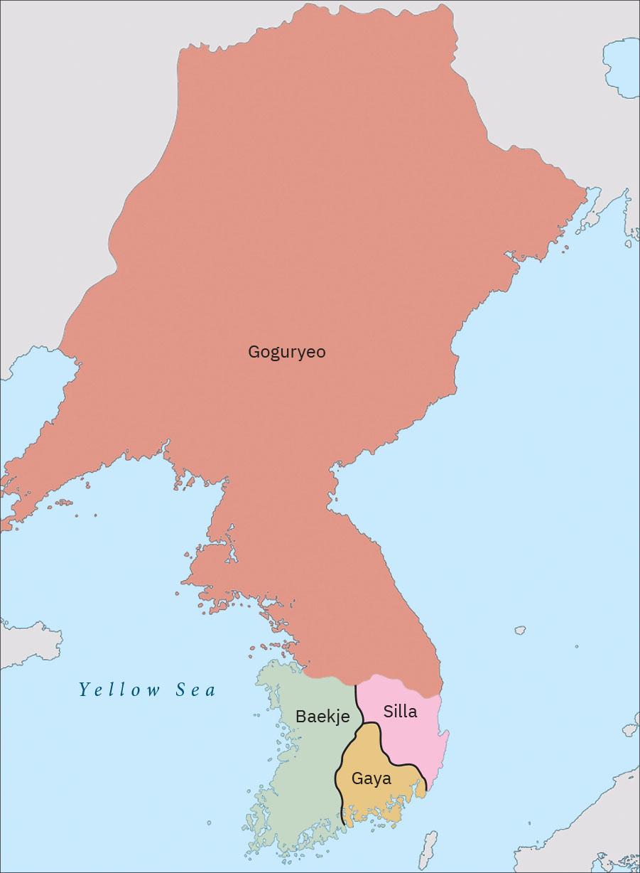 A map is shown. The Yellow Sea is highlighted blue in the southwest and unlabeled blue water is shown in the east. A large section of land in the north is highlighted orange and labelled “Goguryeo.” To the south are three smaller areas labelled: Baekje (green), Silla (pink) and Gaya (yellow). The Han River is labelled. Other land shown in the northwest, northeast, and southeast is highlighted gray.