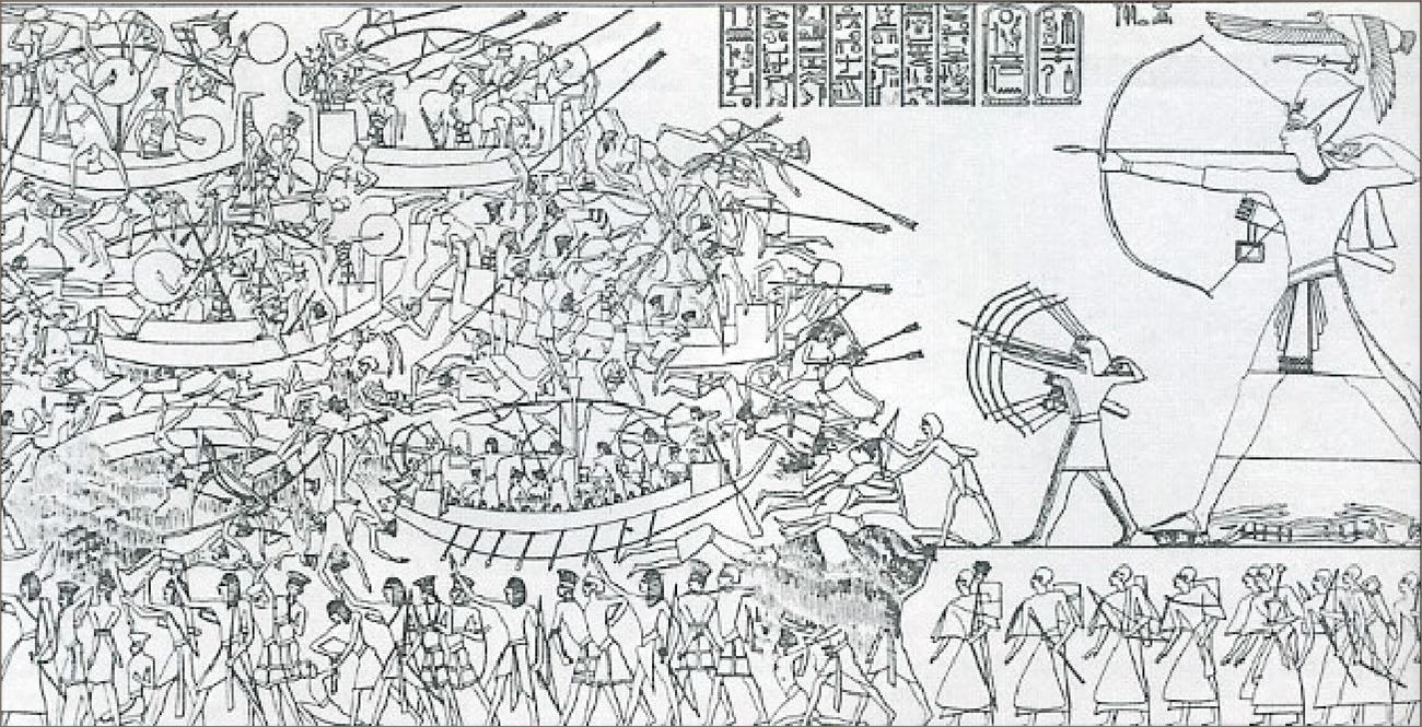 A black and white drawing is shown. In the left half of the drawing six flat boats are drawn with no sails. One has oars on the side. People are crowded in and around the boats mostly dressed in cloths around their waists and simple headdresses, with spears or swords and shields. Many are shown falling out of the boats and laying on the ground and arrows litter the drawing being shot at people and hitting people. A tall stacked pile of bodies lay at the front of the boat at the bottom right. At the right are drawn three larger figures standing one right behind the other with their bows and arrows drawn and aiming at the boats. Behind them is a very large figure that is also aiming a bow and arrow at the boats. He wears a cloth and sash around his waist, has a tall headdress, and wears a quiver of arrows on his back. A bird is seen flying above his head. Across the top are nine hieroglyphics drawn, positioned slightly off center. Across the bottom twenty-nine figures are shown, some dressed in robes and some in cloths around their waists, holding weapons and looking at the people in the boats. Some have their arms raised.