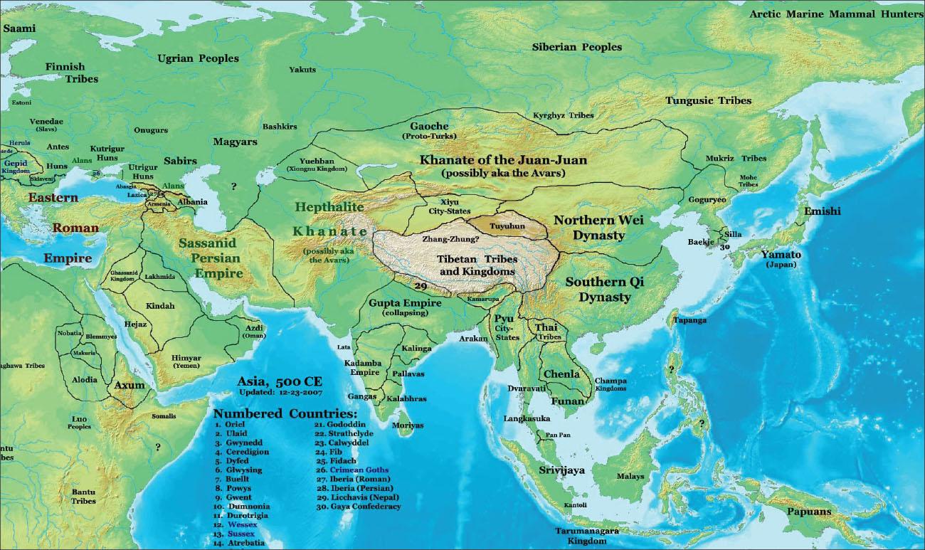 A map is shown, labelled “Asia, 500 CE Updated: 12-23-2007.” Water is highlighted blue and shown in the southeast of the map as well as along the south of the map. Blue lines on the land show as well as areas of water in the west. Green, yellow, and brown land fills most of the image. In the northwest, the Saami, Finnish Tribes, Ugrian Peoples, Sabirs, and Magyars are labelled. Smaller names include: Yakuts, Estoni, Venedae (Slavs), Onugurs, Bashkirs, Heruls, Antes, Kutrigur Huns, Gepid Kingdom, Huns, Sklaveni, Alans, Utrigur Huns, Abasgia, Lasica, Alans, Armenia and Albania. In the west a large area is labelled “Eastern Roman Empire.” To the southwest these areas are labelled on a land mass: Nobatia, Blemmyes, Makuria, Alodia, Axum, Somalis, Luo Peoples, and Bantu Tribes. An area with a question mark is also shown just south of the Somalis. Two other names are cut off the map. Just northeast is a peninsula of land with these areas labelled: Ghassanid Kingdom, Lakhmids, Kindah, Hejaz, Himyar (Yemen), and Azdi (Oman). In the northeast, a large area is labelled “Sassanid Persian Empire.” Heading east a large area is labelled “Hepthalite Khanate (possibly aka the Avers).” Straight north of that is an area labelled “Yuehban (Xiongnu Kingdom).” Southeast of the Hepthalite Khanate is an area labelled “Gupta Empire (collapsing)” with a small area above it with the number “29” in it. South of the Gupta Empire are areas labelled: Lata, Kalinga, Kadamba Empire, Pallavas, Gangas, Kalabhras, and Moriyas. East of Yuehban is a large area labelled “Khanate of the Juan-Juan (possibly aka the Avars), with a small area at the northwest labelled: Gaoche (Proto-Turks.) Heading straight south are the following areas labelled: Xiyu City-States, Tuyuhun, Zhang-Zhung?, Tibetan Tribes and Kingdoms, Kamarupa, Pyu City-States, Arakan, Thai Tribes, Chenla, Dvaravati, Langkasuka, Pan, Funan, Champa Kingdoms, Srivijaya, Kantoli, Tarumanagara Kingdom, and Malays. Heading east are the following areas labelled: Northern Wei dynasty, Southern Qi dynasty, Kyrghyz Tribes, Tungusic Tribes, Mukriz Tribes, Mobe Tribes, Goguryeo, Baekje, Silla, Tapanga, Emishi and Yamato (Japan). In the southeast corner of the map an island is labelled Papuans. In the northeast corner of the map are the Siberian Peoples and the Arctic Marine Mammal Hunters. A legend lists “Numbered Countries: 1. Oriel, 2. Ulaid, 3. Gwynedd, 4. Ceredigion, 5. Dyfed, 6. Giwysing, 7. Buelit, 8. Powys, 9. Gwent, 10. Dumnonia, 11. Durotrigia, 12. Wessex, 13. Sussex, 14. Atrebatia, (#15-20 are cut off on the map), 21. Gododdin, 22. Strathclyde, 23. Calwyddel, 24. Fib, 25. Fidach, 26. Crimean Goths, 27. Iberia (Roman), 28. Iberia (Persian), 29. Licchavis (Nepal), 30, Gaya Confederacy.”