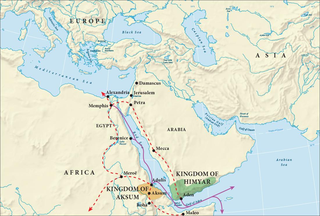 A map of southern Europe, northern Africa, and southwestern Asia is shown. The Adriatic Sea, Mediterranean Sea, Aegean Sea, Black Sea, Caspian Sea, Red Sea, Gulf of Aden, Persian Gulf, Gulf of Oman, and the Arabian Sea are labeled. An oval area in eastern Africa at the southern end of the Red Sea is highlighted orange and labeled “Kingdom of Aksum.” Most of the country of Yemen is highlighted green indicating the “Kingdom of Himyar.” A red dotted line heads north from the city of Aden along the Gulf of Aden in Yemen to the city of Mecca, then Petra in Arabia, crossing west to Africa to the city of Memphis. One line splits off and goes north toward Alexandria on the coast of the Mediterranean Sea. The other red dotted line heads south through Egypt along the Nile River through Lake Nasser and down to the city of Meroe and then veers off southwest into Africa. Another red dotted line starts at the city of Maleo which sits on the African side across the Gulf of Aden from the city of Aden. The line heads north to the city of Aksum and then Adulis which is on the western side of the Red Sea. Then the line meets up with the other red dotted line in Meroe. A purple line begins in Memphis in northern Africa and heads south in the Red Sea with stops in Berenice on the western side of the Red Sea, then Adulis, and then Aden and ending with two arrows in the Arabian Sea, one heading northeast and one heading south. Other cities labeled from north to south include: Damascus, Jerusalem, and Roha.