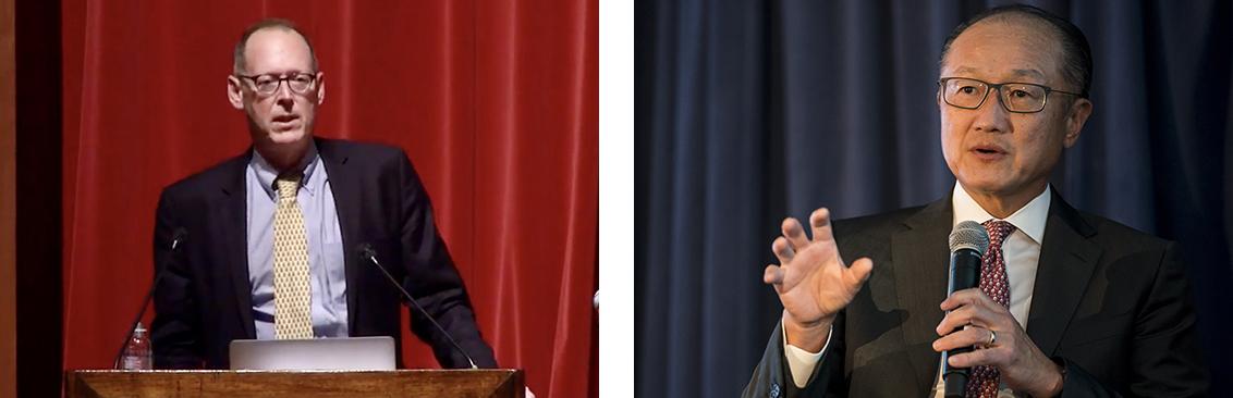 (Left) Paul Farmer standing at a podium, wearing a suit and tie.; (Right) Jim Yong Kim holding a microphone and speaking.