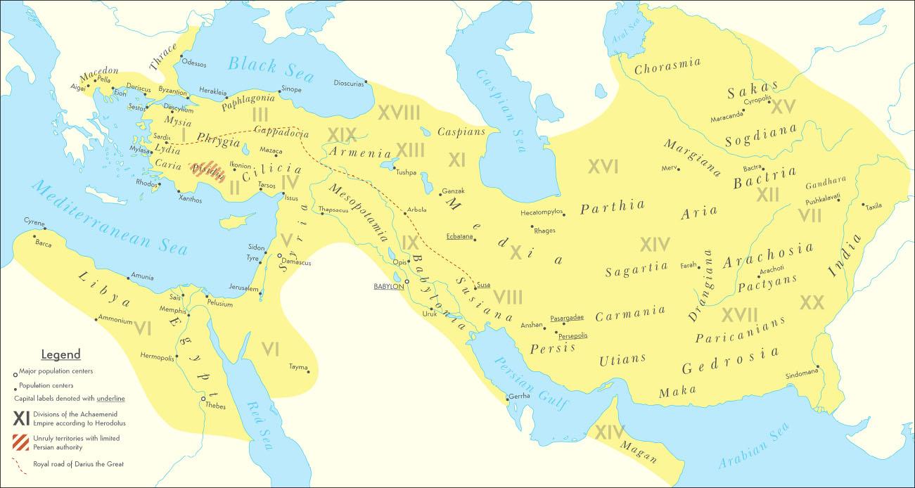 A map of the Middle East is shown with Greece and Turkey in the top left corner and the northeast corner of Africa at the bottom left. The Black Sea, the Caspian Sea, and the Aral Sea are shown in the north, the Mediterranean Sea is shown in the west, and the Red Sea, the Persian Gulf, and the Arabian Sea are shown in the south. The middle of the map is highlighted yellow. Throughout the map, in the highlighted yellow, regions are labeled. These areas are, from west to east: Macedon, Thrace, Mysia, Lydia, Caria, Paphlagonia, Phrygia, Cappadocia, Cilicia, Armenia, Caspians, Mesopotamia, Syria, Libya, Egypt, Babylonia, Susiana, Persis, Chorasmia, Sakas, Sogdiana, Parthia, Aria, Bactria, Gandhara, Sagartia, Arachosia, India, Carmania, Drangiana, Pactyans, Utians, Paricanians, Gedrosia, Maka, and Magan. Major population centers are labeled with a “ ° ” which include: Damascus, Thebes, and Babylon. “Population centers” are represented with a “ • “ and include: Aigai, Pella, Eion, Doriscus, Odessos, Byzantion, Dascylium, Sestos, Sardis, Mylasa, Rhodos, Xanthos, Herakleia, Ikonion, Sinope, Mazaca, Tarsos, Dioscurias, Issus, Thapsacus, Sidon, Tyre, Jerusalem, Pelusium, Sais, Memphis, Cyrene, Barca, Ammonium, Hermopolis, Tayma, Opis, Uruk, Gerrha, Tushpa, Arbela, Ganzak, Ecbatana, Susa, Cyropolis, Maracanda, Merv, Bactra, Hecalompylos, Rhages, Anshan, Pasargadee, Persepolis, Farah, Arachoti, Pushkalavati, Taxils, and Sindomana. The legend indicates that “Capital labels denoted with underline.” These include: Babylon, Ecbatana, Susa, Pasargadee, and Persepolis. “Divisions of the Achaemenid Empire according to Herodolus” are denoted with roman numerals from I to XX throughout the map, starting with I in the west and ending with XX in the east. Red striped lines are used to denote “Unruly territories with limited Persian authority.” This small circular area is located in southern Turkey, south of the city of Ikonion and north of Xanthos. A red dashed line is used to indicate the “Royal road of Darius the Great.” This line begins in the city of Sardis in western Turkey and heads northeast above the city of Mazaca, then heads southeast to the city of Arbela and then ends in the city of Susa.