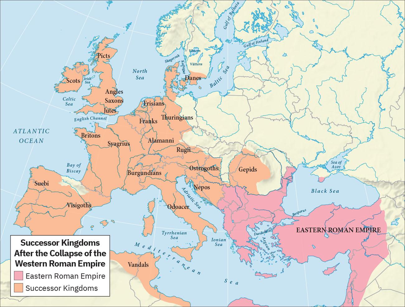 A map is shown with land highlighted beige with blue and gray lines crisscrossing the land throughout the map while water is highlighted blue. The Gulf of Bathnia, the Gulf of Finland, the Baltic Sea, Skagerrak, Kattegat, Vanern, and the North Sea are labelled in the north of the map. The Irish Sea, the Celtic Sea, the English Channel, the Atlantic Ocean, and the Bay of Biscay are labelled in the west. The Adriatic Sea, the Tyrrhenian Sea, the Mediterranean Sea, The Ionian Sea, the Dardanelle, and the Aegean Sea are labelled in the south while the Sea of Azov, the Black Sea, and the Bosporus are labelled in the eastern regions. The map is titled “Successor Kingdoms After the Collapse of the Western Roman Empire.” A section of the map in the southeast is highlighted pink and labelled “Eastern Roman Empire.” The pink area runs from the south of the map, up along the coast of the Mediterranean Sea, heads west to the Aegean Sea and the Dardanelle and northwest to the Adriatic Sea. On the east it borders the Black Sea. A very tiny area is highlighted pink at the northern border of the Black Sea. Most of the land shown toward the west is highlighted orange indicating “Successor Kingdoms.” These are labelled, from north to south: Picts, Danes, Scots, Angles, Saxons, Frisians, Jules, Thuringians, Franks, Britons, Syagrius, Alamanni, Rugii, Ostrogoths, Gepids, Burgundians, Nepos, Suebi, Visigoths, Odoacer, and Vandals.