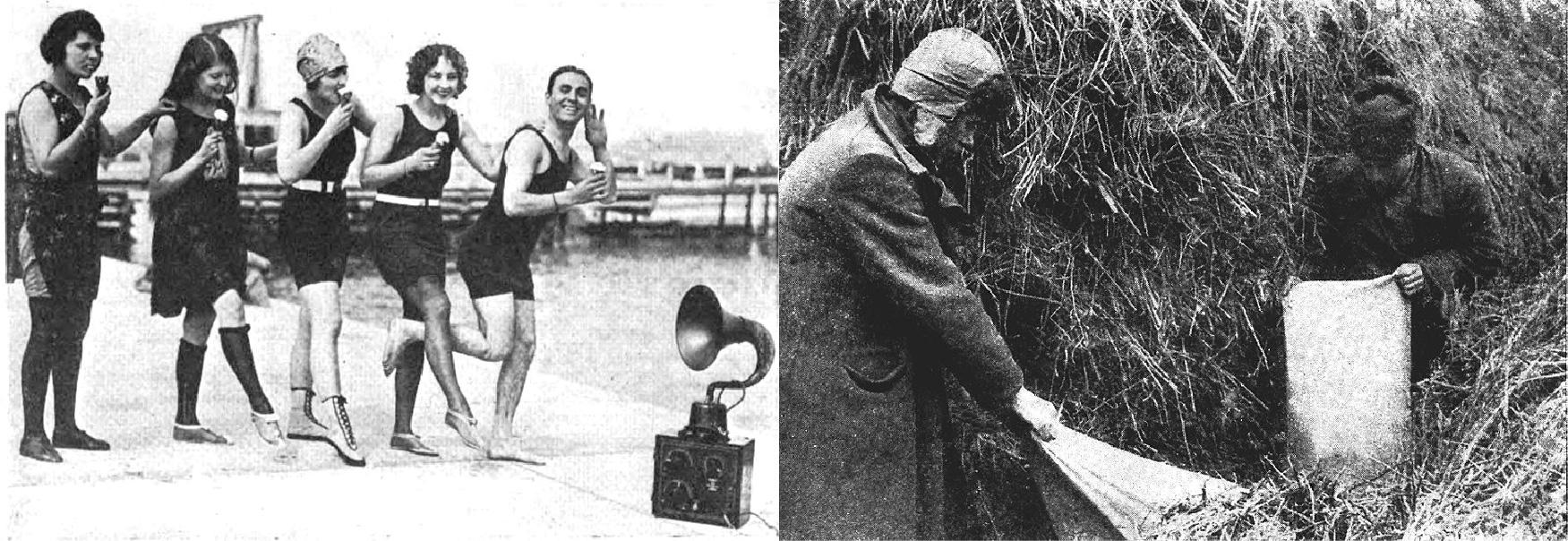 The photograph on the left shows five women in bathing suits dancing in a line. A radio sits on the ground next to them. In the photograph on the right, two farmers harvest grain.