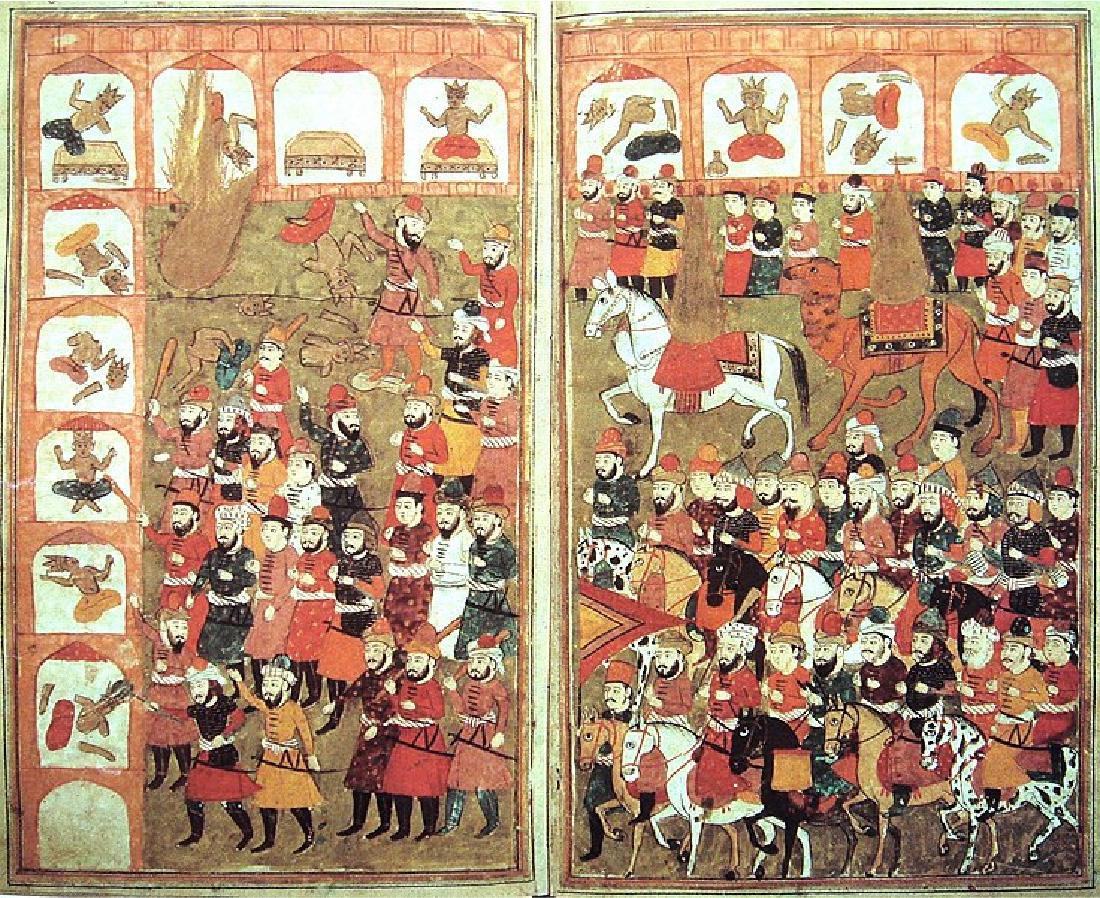 A faded picture of a two paneled drawing is shown which depicts one scene. In the lower half of the panel on the right twenty-five men are seated on various colored horses riding toward the left on a greenish background. They all wear hats of various colors and shapes, long colorful coats with designs, belts, and many have beards. Above them a white horse walks alone with a red saddle and beaded reins followed by a brown camel with a red and black embroidered saddle. Fifteen men in colorful long coats and hats stand behind and above the animals with their hands in front of them. Across the top there are four arched panels depicting statues of men sitting cross legged with pants and crowns. They are in knocked over and some are in pieces. The left panel is a continuation of the right panel, depicting twenty-five men dressed as in solid colored long coats and various hats walking toward the left, some with bats, some with swords, and some with their fists in front of them. Toward the top there are statues of idols in pieces on the floor. Seven arched panels run along the left side of the drawing and three across the top depicting statues of men in pants and crowns in pieces. Some are knocked off of pedestals. There is a brown, pear shaped item in front of the second panel from the left which is shown on fire.