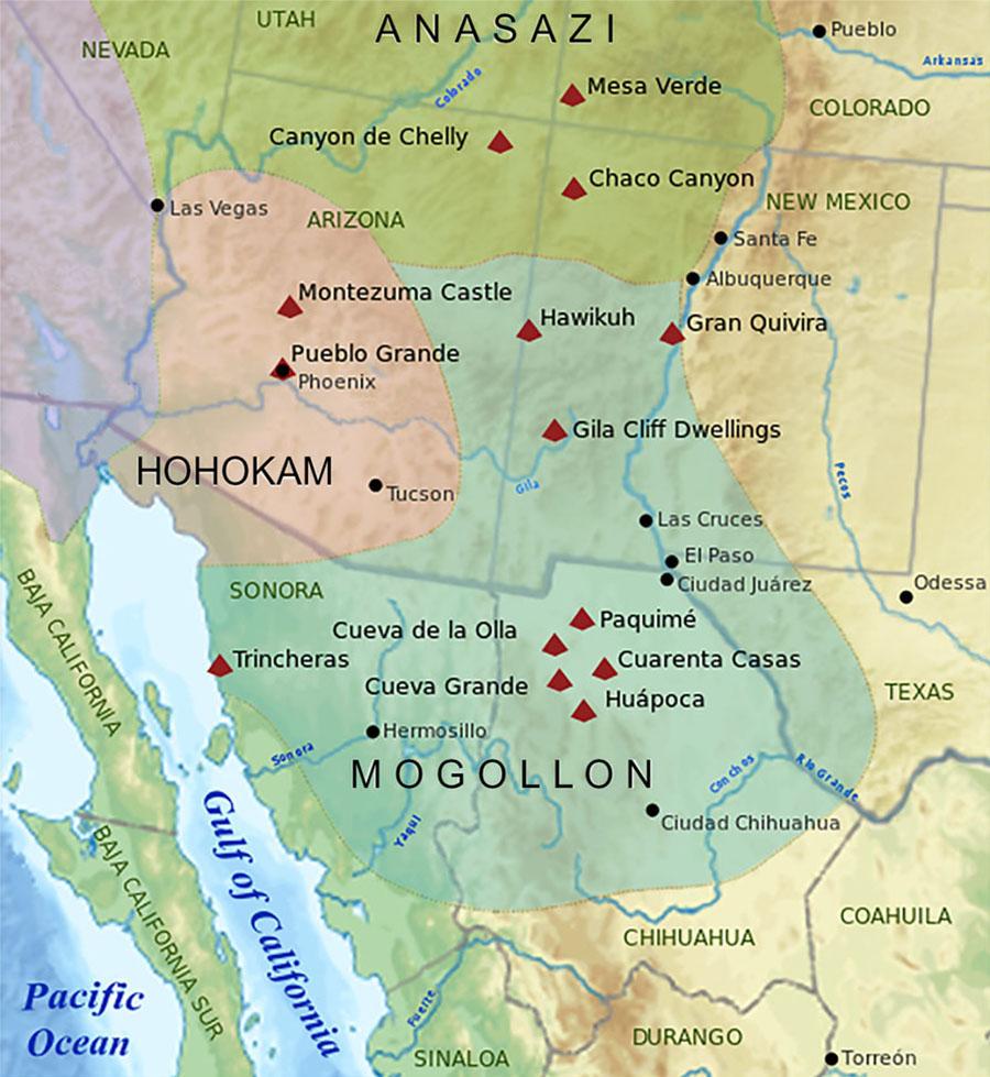 A map is shown of an area of land. In the southwest corner the Pacific Ocean is labeled next to a thin slice of land highlighted green and labeled “Baja California Sur.” To the east of that is the Gulf of California. The states labeled in the map, from north to south, are: Utah, Nevada, Colorado, Arizona, New Mexico, and Texas. An oval section of the map comprised of eastern Nevada, southern Utah, southwestern Colorado, Northern Arizona and northwest New Mexico is highlighted green and labeled “Anasazi.” Within this green area the Colorado River is labeled as well as three areas with red triangles: Mesa Verde, Canyon de Chelly, and Chaco Canyon. To the west an oval area is highlighted purple. In southwestern Arizona an area is highlighted orange and labeled “Hohokam.” The city of Las Vegas, Phoenix, and Tucson are labeled with black dots and Montezuma Castle and Pueblo Grande are labeled with red triangles within this orange area. The southeastern corner of Arizona, the southwestern corner of New Mexico as well as a half circle shaped area below the states is highlighted green and labeled “Mogollon.” Within this area the cities of Las Cruces, El Paso, Ciudad Juarez, Hermosillo, and Ciudad Chihuahua are labeled with black dots. Labeled with red triangles are: Hawikuh, Gran Quivira, Gila Cliff Dwellings, Paquime, Cueva de la Olla, Trincheras, Cuarenta Casas, Cueva Grande, and Huapoca. Rivers labeled within this area are: Gila, Sonora, Yaquil, Conchos, and the Rio Grande. The southeastern portion of Colorado, the eastern portion of New Mexico, a small eastern portion of Texas, and the lands shown on the south of this map are all highlighted yellow. In the south, the areas are labeled: Chihuahua, Coahuila, Sinaloa, and Durango. Cities labeled within this yellow area, from north to south are: Pueblo, Santa Fe, Albuquerque, Odessa, and Torreon. The Arkansas River in Colorado is labeled, as well as the Pecos in New Mexico, and the Fuente east of the Gulf of California.