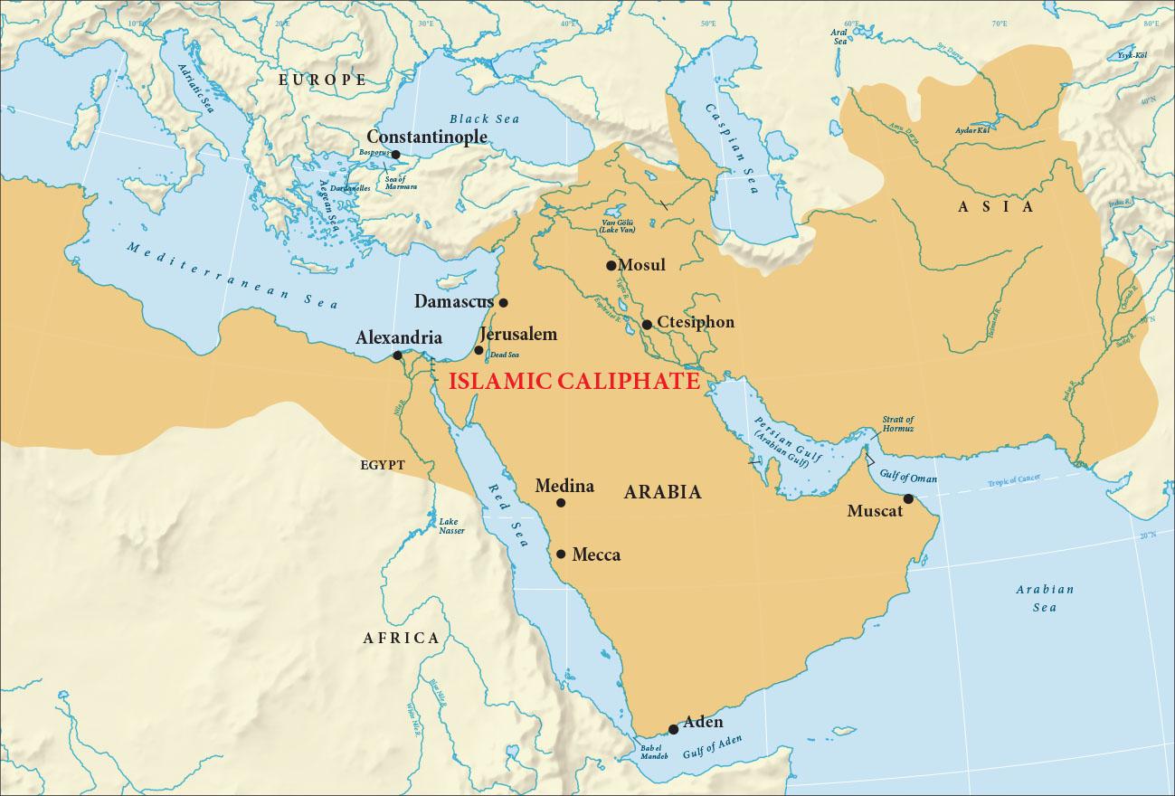 A map of southern Europe, northern Africa, and southwestern Asia is shown. The Adriatic Sea, Mediterranean Sea, the Aegean Sea, the Black Sea, the Caspian Sea, the Red Sea, the Gulf of Aden, the Persian Gulf (Arabian Gulf), the Gulf of Oman, and the Arabian Sea are labeled. The northern coastline of Africa, all of the Arabian peninsula, and the land extending north from there to Turkey and then east through Iran and into Afghanistan and Pakistan is highlighted orange and labeled “Islamic Caliphate.” The cities labeled on the map from west to east are: Alexandria, Constantinople, Damascus, Jerusalem, Medina, Mecca, Mosul, Ctesiphon, Aden, and Muscat.