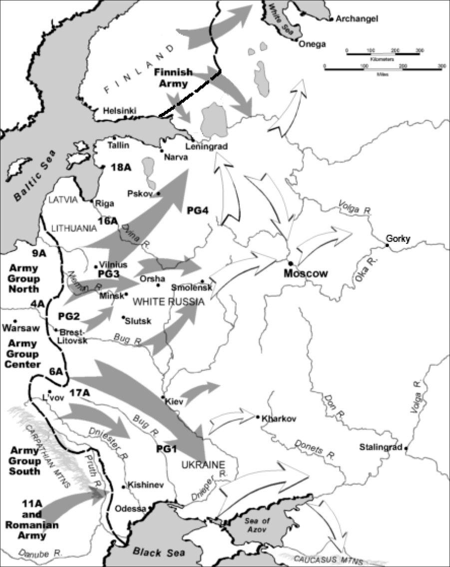 This map shows the Western Russian region. In the top left is the Baltic Sea surrounded by Finland, Russia, Lithuania, and Poland. At the bottom of the map is the Black Sea and the Sea of Azov. The whole right half of the map is Russia, with some rivers labeled and the cities of Kharkov and Stalingrad in the south. The city of Moscow is in the middle along with Gorky, and Onega and Archangel at the top of the map, along the White Sea. There are three gray arrows coming out of the south of Finland going three directions into Russia. There are three gray arrows coming out of the east side of Lithuania going into Russia and White Russia. There are two gray arrows coming out of White Russia on the east going into Russia. There are 2 gray arrows pointing south, coming out of the south of Poland and pointing toward Ukraine, running along the bottom left of the map. There is a gray arrow from the bottom right corner of the map showing the 11A and Romanian Army advancing toward the cities of Odessa and Kishinev. There is a small gray arrow coming from Kiev (which is located in the middle bottom of the map) going toward Russia. There are two white arrows coming toward Moscow (one from the west and one from the north) and one white arrow pointing out of Moscow (going toward the east). There is a white arrow pointing north toward Leningrad, and one pointing north toward Onega.