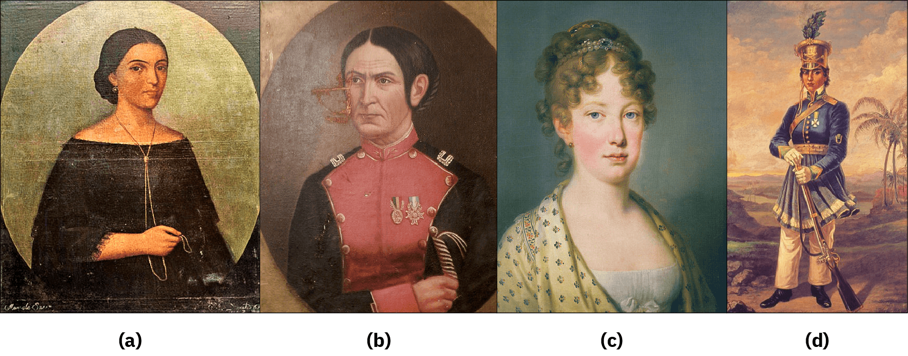 Image (a) is a painting of Manuela Saenz, she wears a black dress and a necklace. Image (b) is a painting of Juana Azurduy de Padilla, she wears a military uniform which is decorated with medals and she holds a sword. Image (c) is a painting of Empress Maria Leopoldina, she wears a dress. Image (d) is a painting of Maria Quitéria, she wears a military uniform and carries a gun.