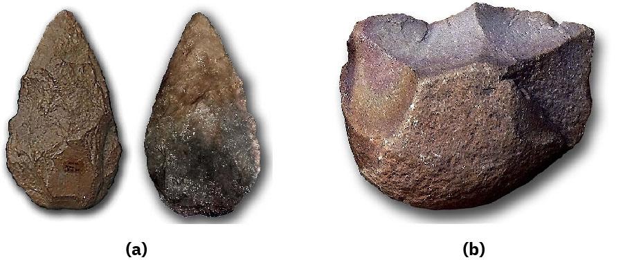 Two pictures are shown. (a) The first picture shows two pear shaped rocks in brown/gray/black colors. They are pointy at the top and rounded at the bottom. (b) The second picture shows an oval shaped rock in gray/purple/brown colors. It has two flat sections on top, a flat section on each side, and a rounded bottom and front. Some of the edges are bumpy and some are sharper.