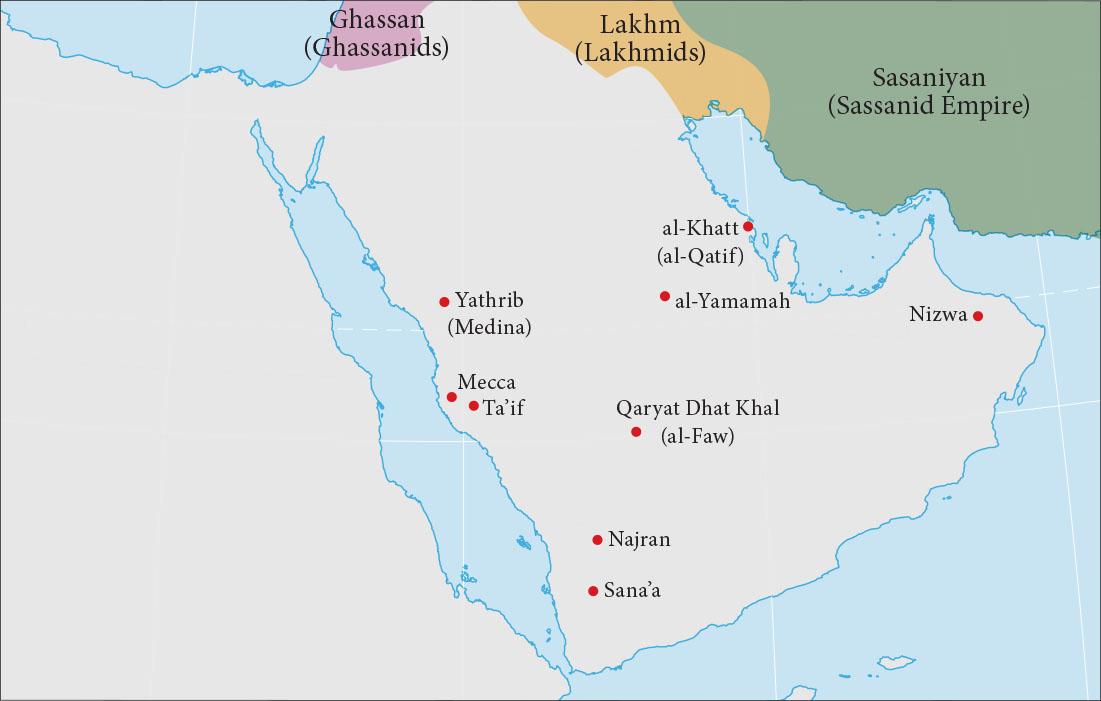 A drawing of a map is shown. At the left there is a white mass of land, unlabeled and showing no markings. Next, heading east, there is an area of water and then a large peninsula. The cities of Yathrib (Medina), Mecca, Ta’if, Najran, and Sana’a are labeled with a red dot along the peninsula’s west coast. Qaryat Dhat Khal (al-Faw) is labeled with a red dot in the middle southern part of the country. al-Khatt (al-Qatif), al-Yamamah, and Nizwa are labeled with a red dot along the eastern coast of the country. At the north there is an oval area highlighted purple labeled “Ghassan (Ghassanids).” To the east is a thin long oval piece of land highlighted yellow and labeled “Lakhm (Lakhmids).” A rectangle area to the east of that is highlighted green and labeled “Sasaniyan (Sassanid Empire).”