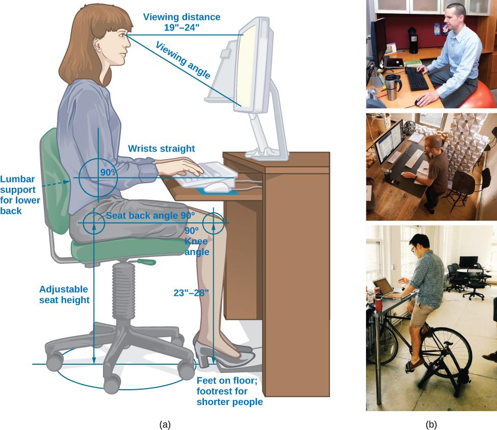 “The figure includes an illustration that shows a person seated at a desk. Measurements are provided showing the proper distance and angle from work equipment. The labels are as follows: Viewing distance from head to monitor should be 19–24 inches.” For the viewing angle, the eyes should be about level with the top of the screen. The chair should provide lumbar support for the lower back. The forearm and upper arm should be at a 90 degree angle, with wrists straight over the keyboard. The seat back angle should also be 90 degrees, as should the angle of the bend of the knees. The top of the knees should be between 23 and 28 inches from the floor. If this distance cannot be met due to short stature, a footrest should be used below the feet. The seat should have an adjustable height to help in posturing oneself according to these suggested angles and distances. The figure also includes three photos that show different workspaces. The first photo shows a man sitting on an exercise ball at a desk. The second photo shows a man standing at a desk. The third photo shows a man riding a stationary bicycle at his desk.