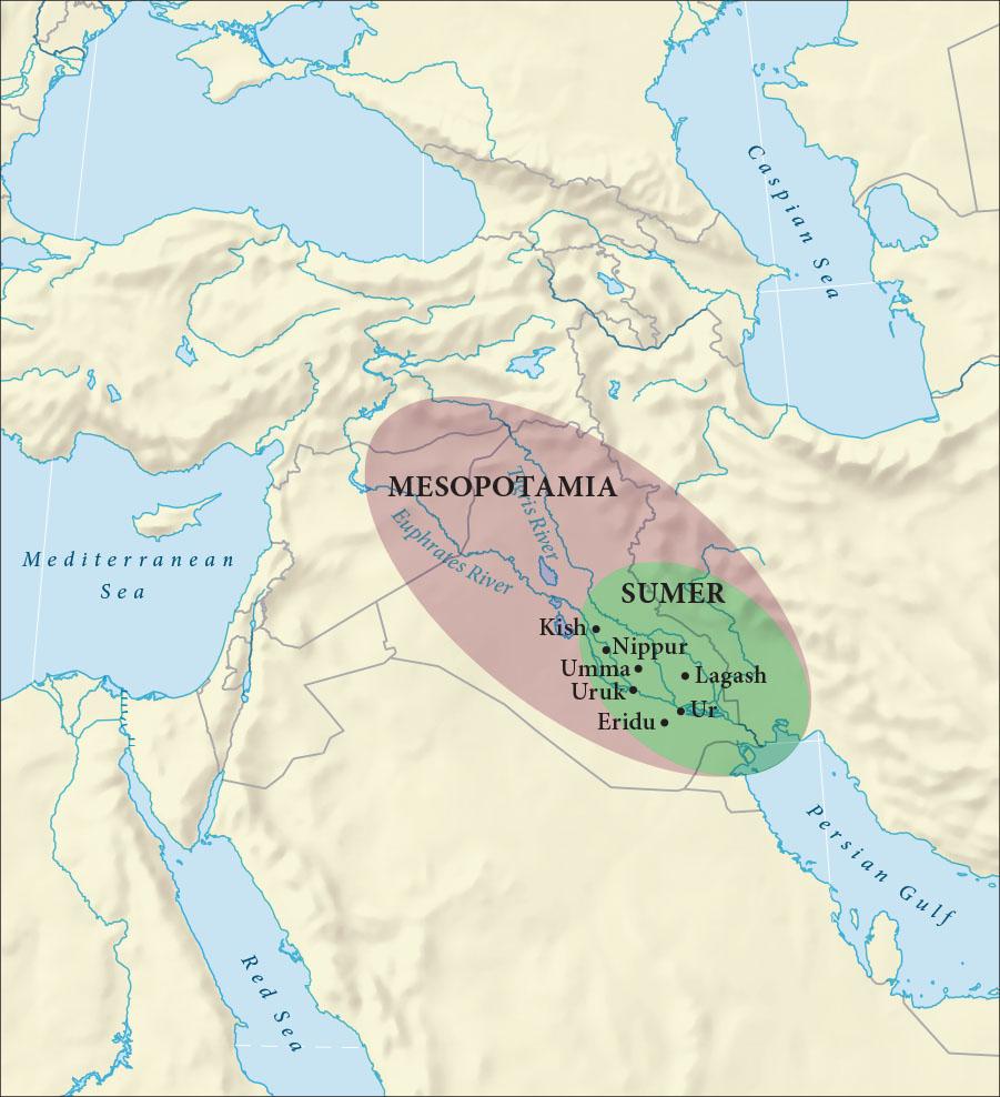 A map is shown. The Mediterranean Sea is shown to the west, the Red Sea to the southwest, the Persian Gulf in the southeast, and the Caspian Sea to the northeast, all highlighted blue. The Euphrates River and the Tigris River are labelled in the middle of the map. Unlabeled masses of water are shown to the northwest and to the southeast. The land is highlighted off-white. An area in the middle of the map just northwest of the Persian Gulf is indicated with a red circle. The cities labelled inside the red circle are: Babylon, Nippur, Uruk, Ur, and Eridu. A black oval encases the red circle at the bottom and extends northwest covering land almost to the Mediterranean Sea.