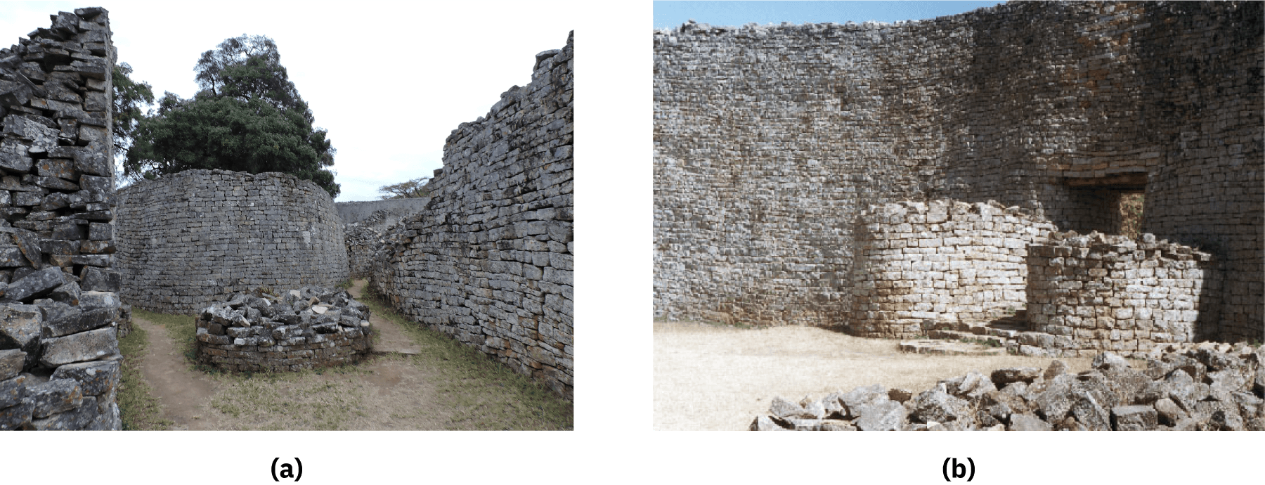 Two images of photographs are shown. (a) An image shows a round wall made up of off-white bricks. Trees grow out of the top of the middle. In front of the round wall is a small flat pile of round bricks in uneven layers. To the right and left off-white brick walls are seen with pieces broken off and falling down. The ground is sparse grasses among dirt and a white sky shows in the background. (b) An image of two round walls of off-white bricks is shown. A pile of bricks shows in the forefront and the background is a tall wall of bricks with an opening on the right behind the two smaller circular piles. A blue sky peeks out the left background.