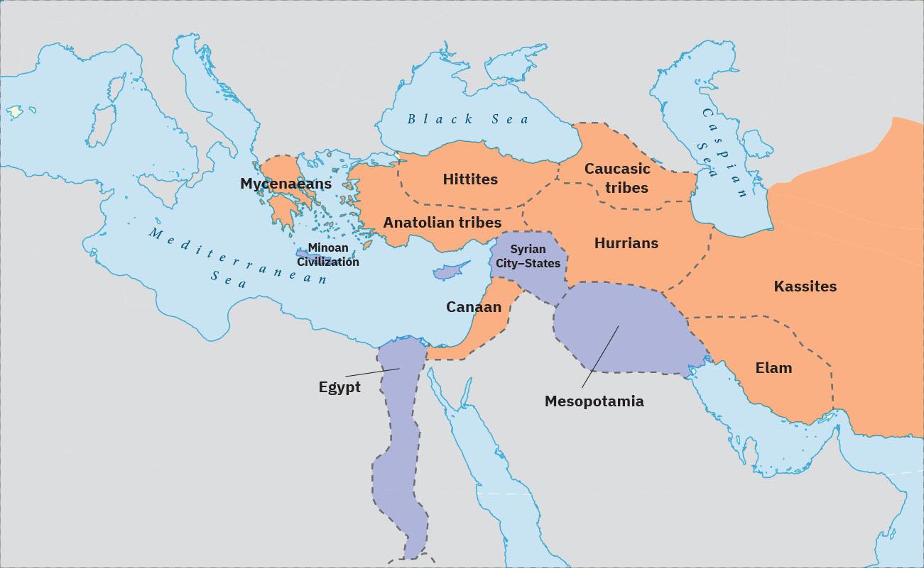 A map is shown with the Mediterranean Sea labelled in the west, the Black Sea labelled in the north, and the Caspian sea labeled in the northeast. A large part of the map is highlighted orange. Regions labeled within this area include: Mycenaeans, Hittites, Anatolian tribes, Canaan, Caucasic tribes, Hurrians, Kassites, and Elam. An island just south of the Mycenaeans is highlighted purple and labelled “Minoan Civilization.” Other areas highlighted purple are located in a long, thin strip heading south at the southeastern end of the Mediterranean, labelled “Egypt” and two oval areas  at the eastern end of the Mediterranean Sea, titles “Syrian City-States” and Mesopotamia.”