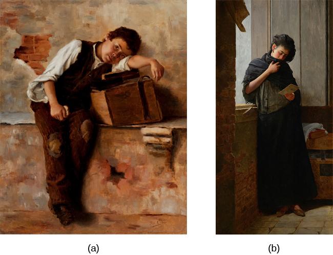 Photograph A shows a painting of a person leaning against a ledge, slumped sideways over a box. Photograph B shows a painting of a person reading by a window.