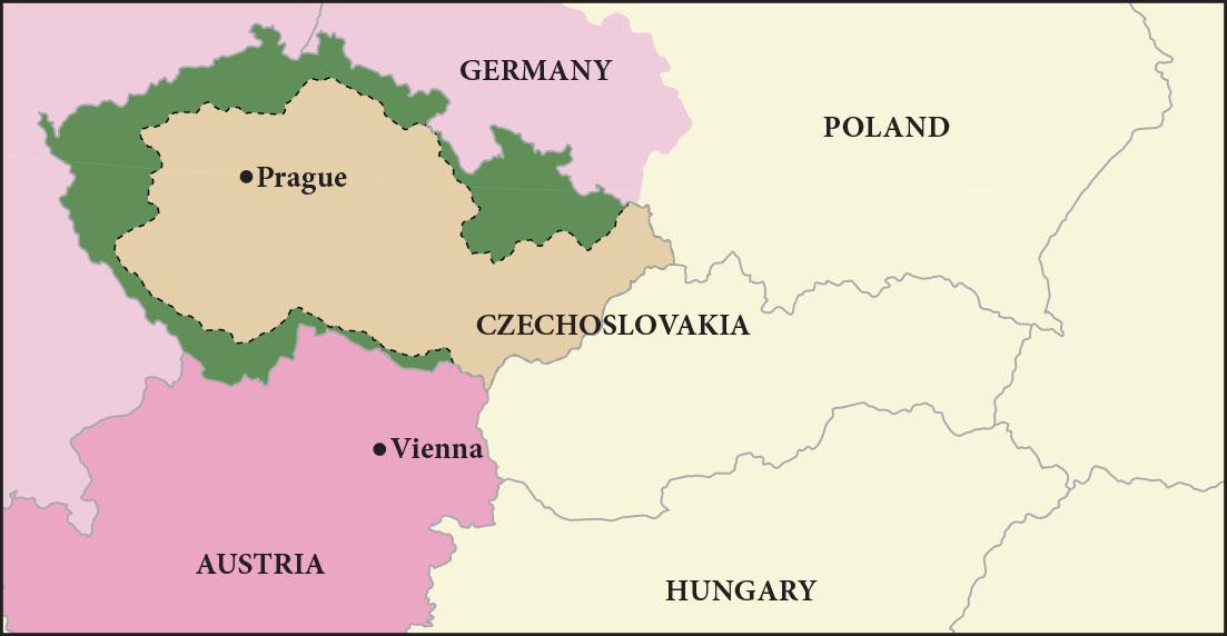 This drawing is a colored map showing the city of Prague in the top left, located in the country of Czechoslovakia. Austria is to the south, with Vienna labeled in the northeast of the country. To the right of Austria, in the lower part of the map is the country of Hungary. Poland is to the north of Czechoslovakia, and Germany is to the northwest. The northwestern half of Czechoslovakia is shaded dark yellow and bordered by a dark green shading. Austria is shaded dark pink. The rest of the left side of the map is shaded light pink. The right side of the map is shaded light yellow.