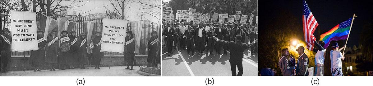 Figure (a) shows women’s suffrage marchers. Figure (b) shows a large group of marchers for civil rights. Figure (c) shows people waving a U.S. flag and a rainbow flag.