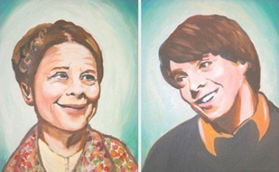 A diptych-style painting of the actors Ruth Gordon, an elderly woman (left), and Bud Cort, a young man (right), is shown.