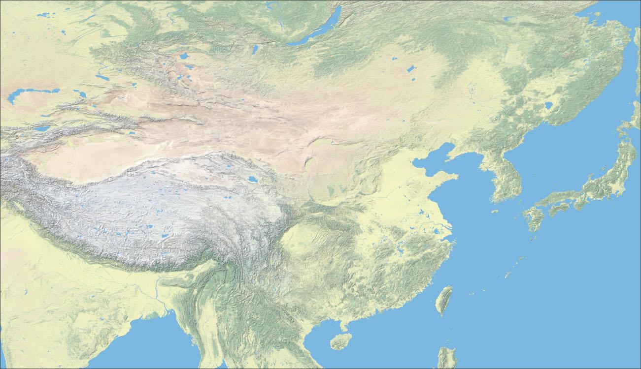 A map is shown. Water is indicated in blue in the southeast. Land is shown in the northwest of the map in varying shades of lime green, gray, white, beige, and dark green. Blue lines and blue areas are also shown on the land.