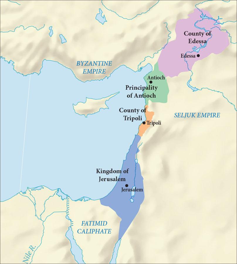 A map shows land in a backward “C” shape with a blue area in the west. The land is mostly beige colored with the “Byzantine Empire” labelled in the north, the “Seljuk Empire” labelled in the east, and the Fatimid Empire” labelled in the south. The Nile River is labelled in the south. An oval area is highlighted pink and labelled “County of Edessa” to the northeast of the blue area. The city of Edessa is labelled within. Southwest of that is a squarish area of land highlighted green and labelled “Principality of Antioch” with the city of Antioch labelled within. To the south along the blue areas eastern edge is a small section highlighted orange and labelled “County of Tripoli” with the city of Tripoli labelled within. To the south is the “Kingdom of Jerusalem” highlighted blue with the city of Jerusalem labelled within.