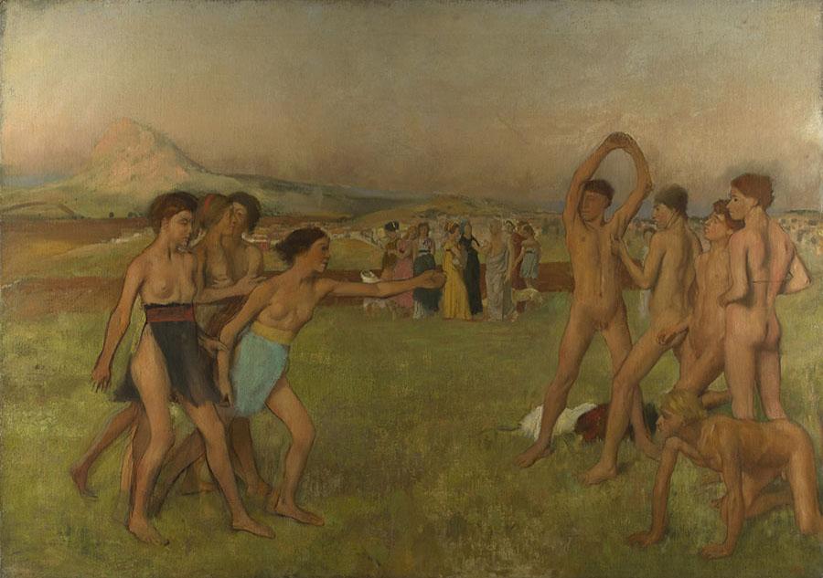 An image of a painting is shown. The forefront of the image has a group of four girls, naked except for waistcloths in black and blue with red and yellow belts standing on a field of green grass. They have brownish hair in ponytails and buns. They face to the right, one with her arm outstretched. At the right, a group of four completely naked boys stand, while one is on all fours on the ground, all looking at the girls. They have short black, brown, and blond hair and one has his arms above his head. A pile of cloths lay at his feet. In the middle background nine people stand in colorful dresses and cloths with two white small four-legged animals by their sides. No facial details are shown. Behind them a brown road runs the length of the painting and a blurry city can be seen in the far right in pale brown and white colors. A large, tall cream-colored mountain is seen in the far left of the image and the sky is a hazy beige with blue undertones.